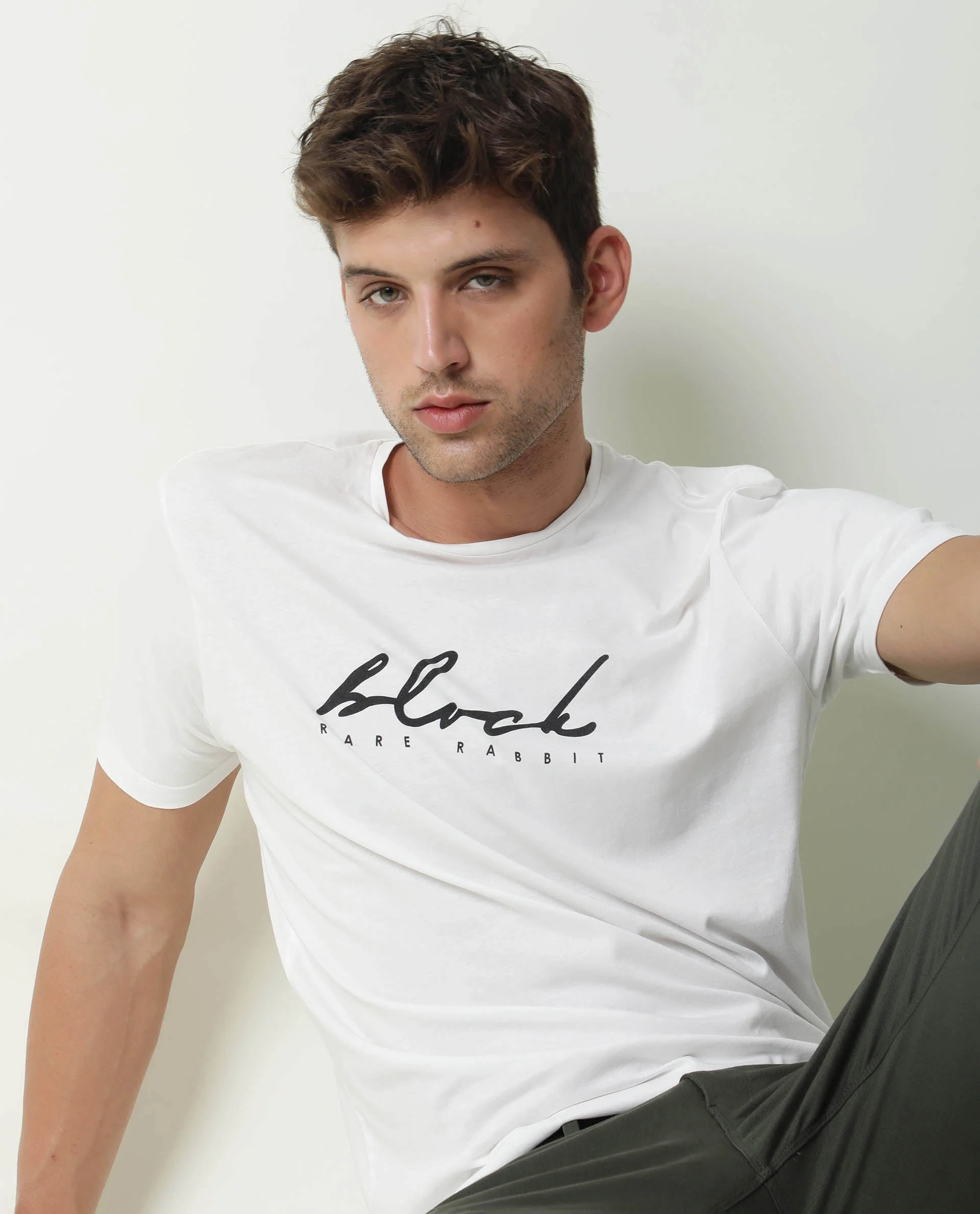 Rare Rabbit Men's Dark Offwhite Cotton Printed Slim Fit Half Sleeve Crew Neck T-Shirt - Image 3