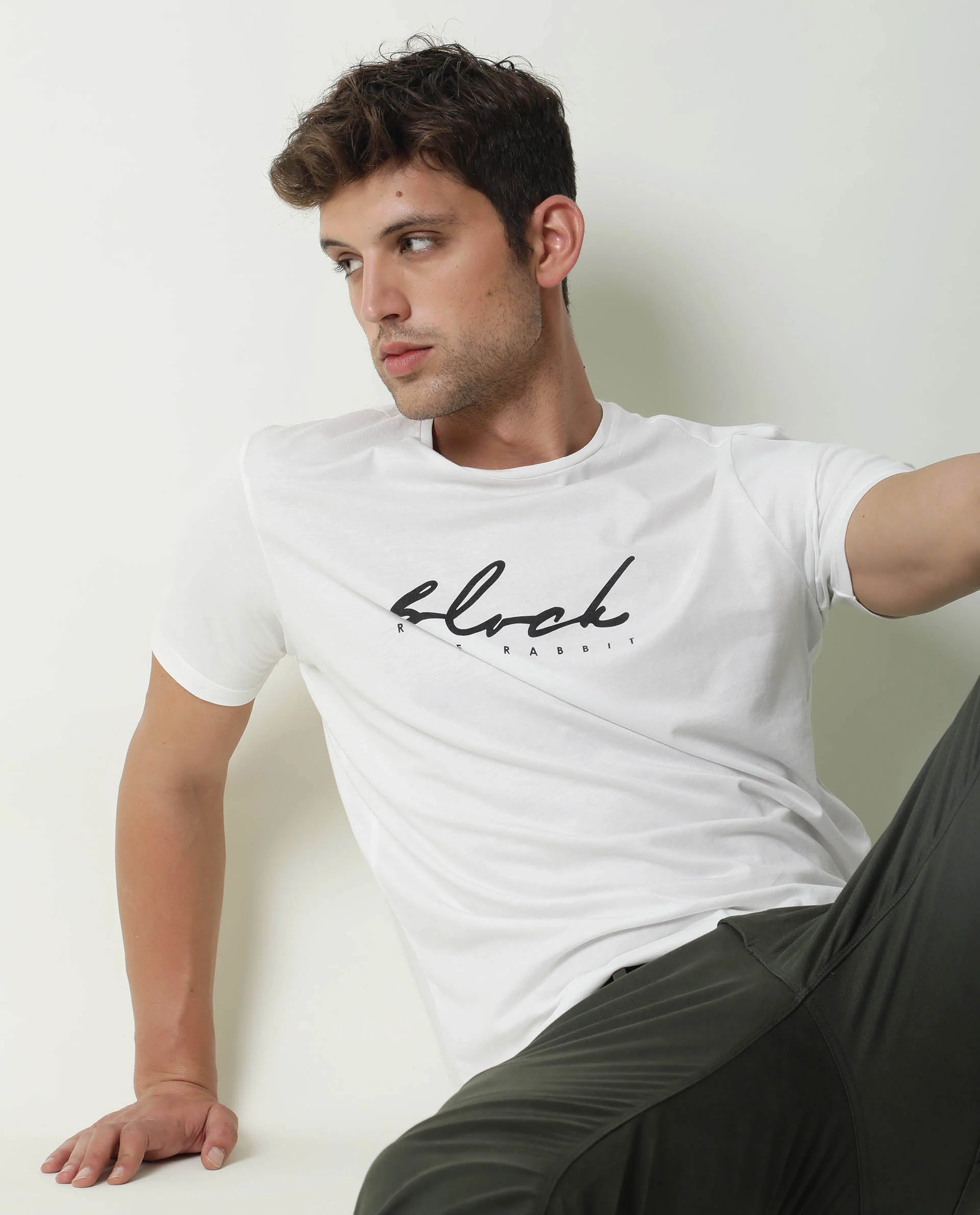 Rare Rabbit Men's Dark Offwhite Cotton Printed Slim Fit Half Sleeve Crew Neck T-Shirt - Image 5