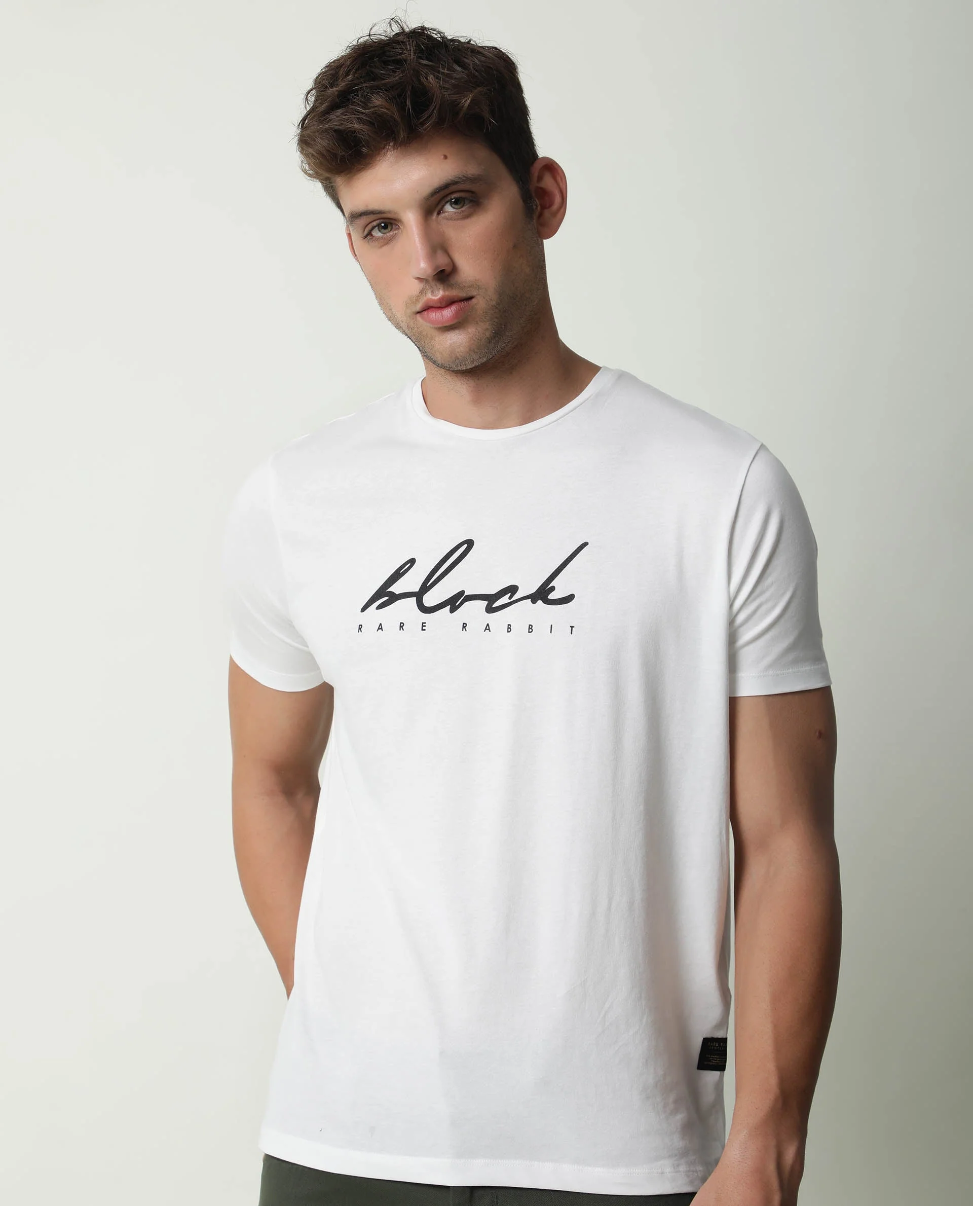 Rare Rabbit Men's Dark Offwhite Cotton Printed Slim Fit Half Sleeve Crew Neck T-Shirt - Image 8