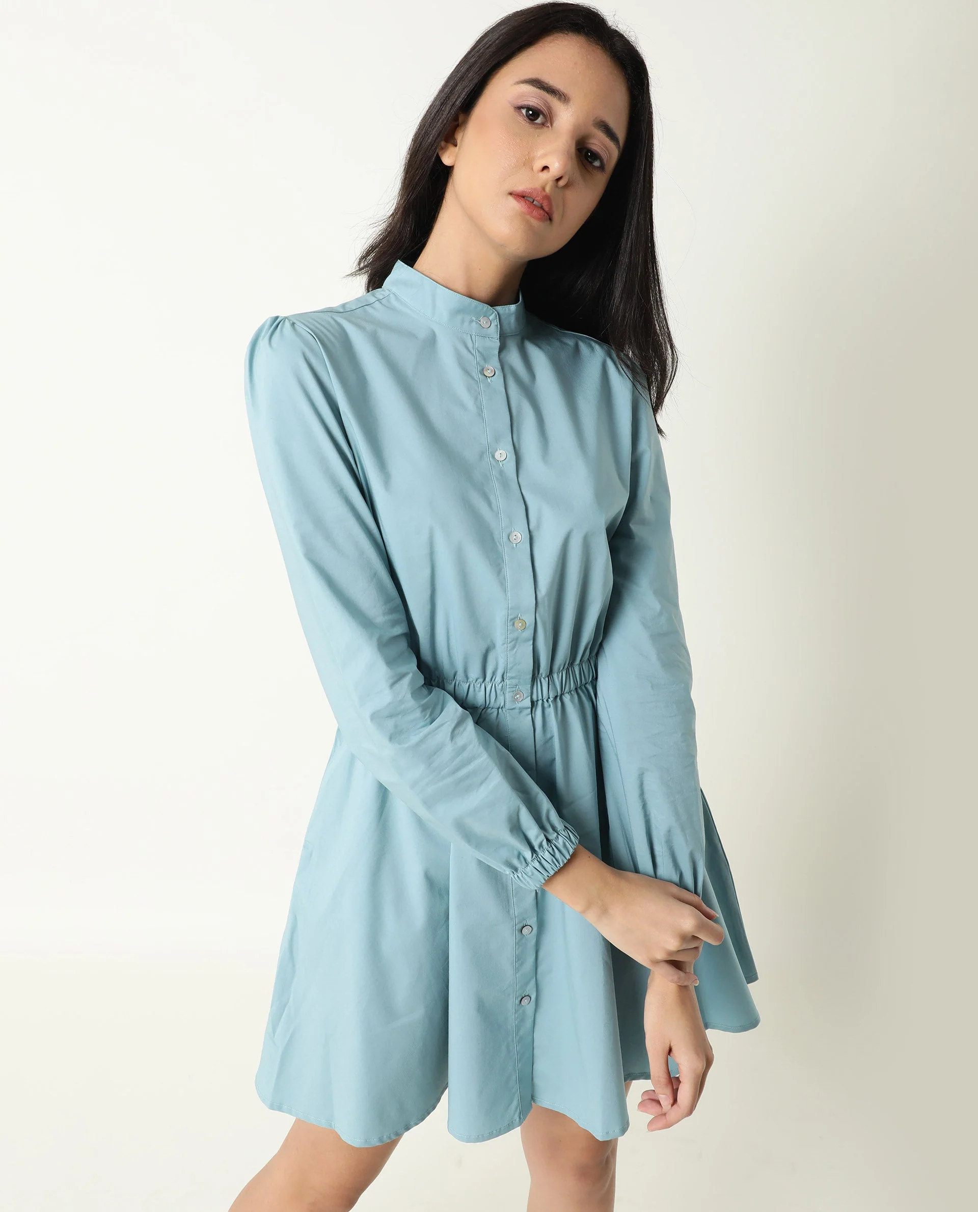 Rareism Women's Darla Blue Mandarin Collar Plain Knee Length Regular Fit Dress