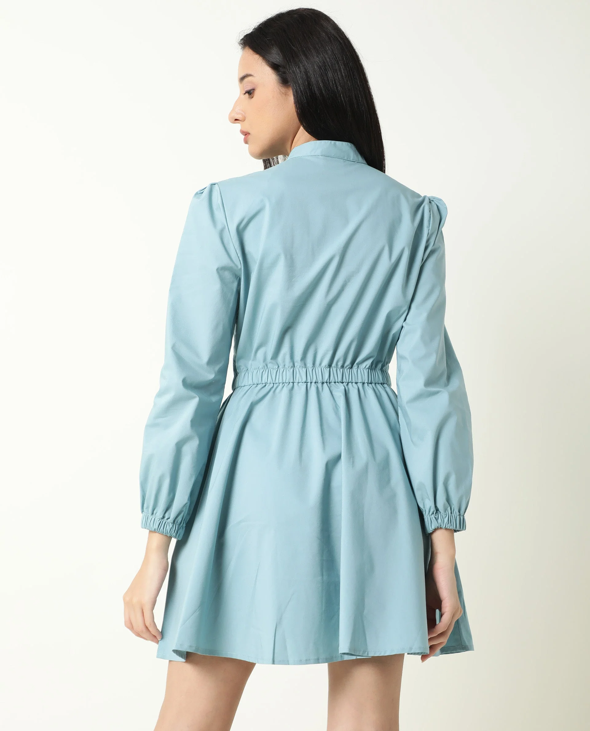 Rareism Women's Darla Blue Mandarin Collar Plain Knee Length Regular Fit Dress - Image 12