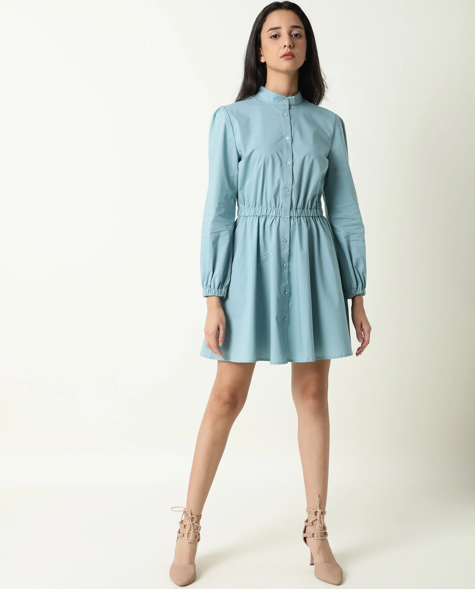 Rareism Women's Darla Blue Mandarin Collar Plain Knee Length Regular Fit Dress - Image 13