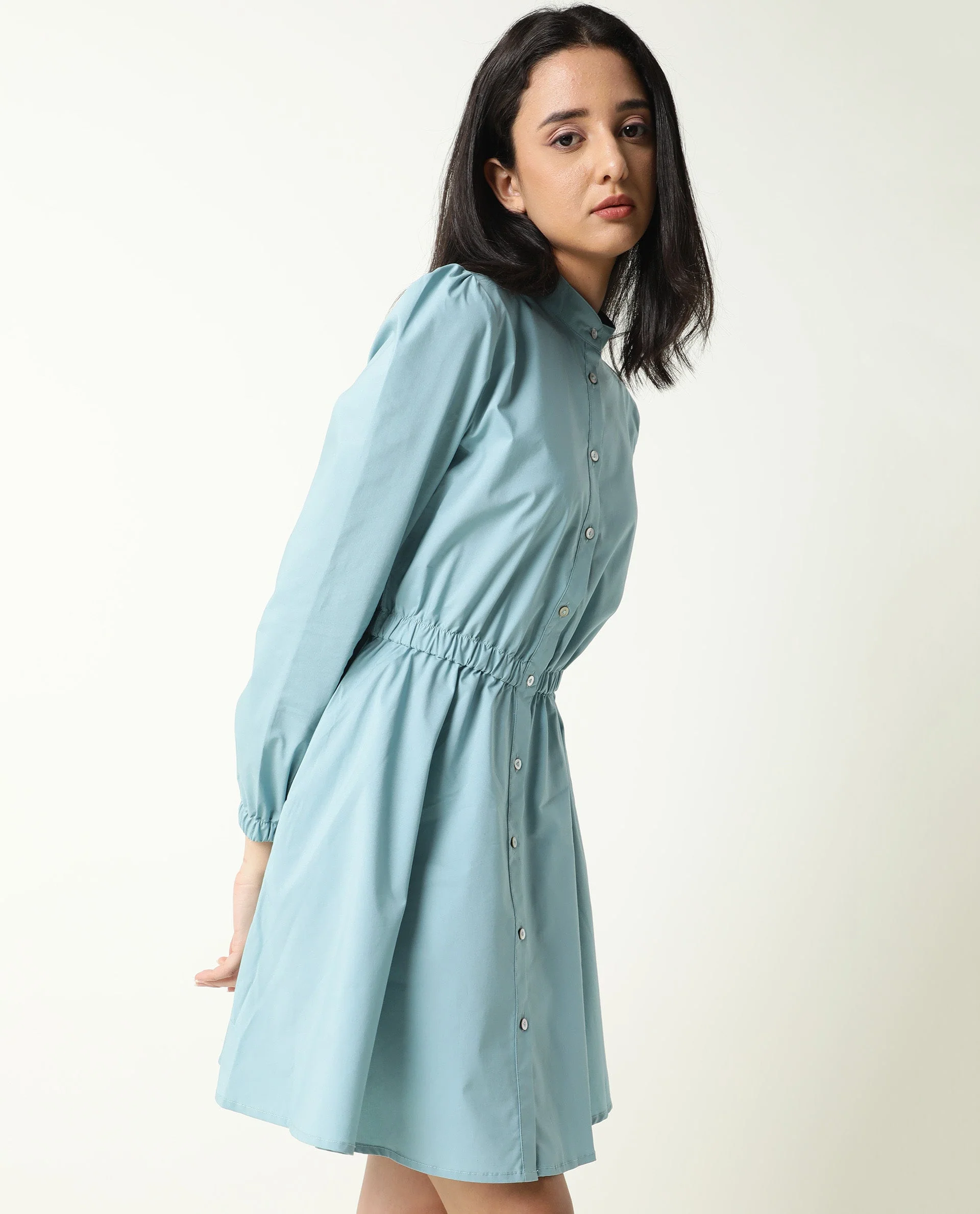 Rareism Women's Darla Blue Mandarin Collar Plain Knee Length Regular Fit Dress - Image 2