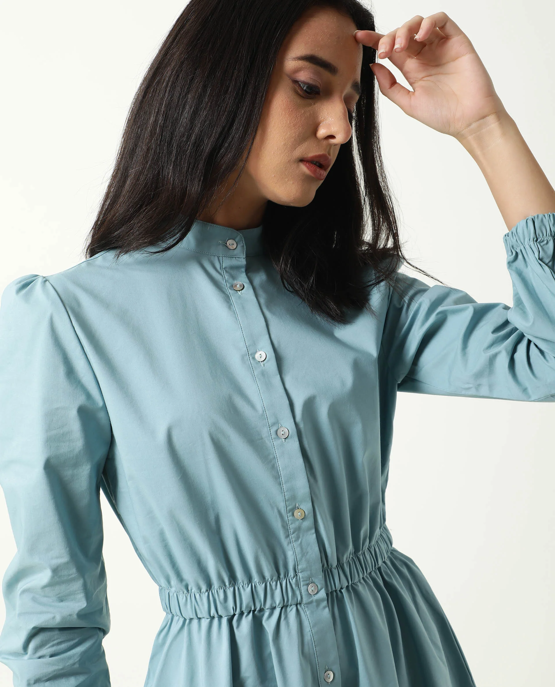 Rareism Women's Darla Blue Mandarin Collar Plain Knee Length Regular Fit Dress - Image 3