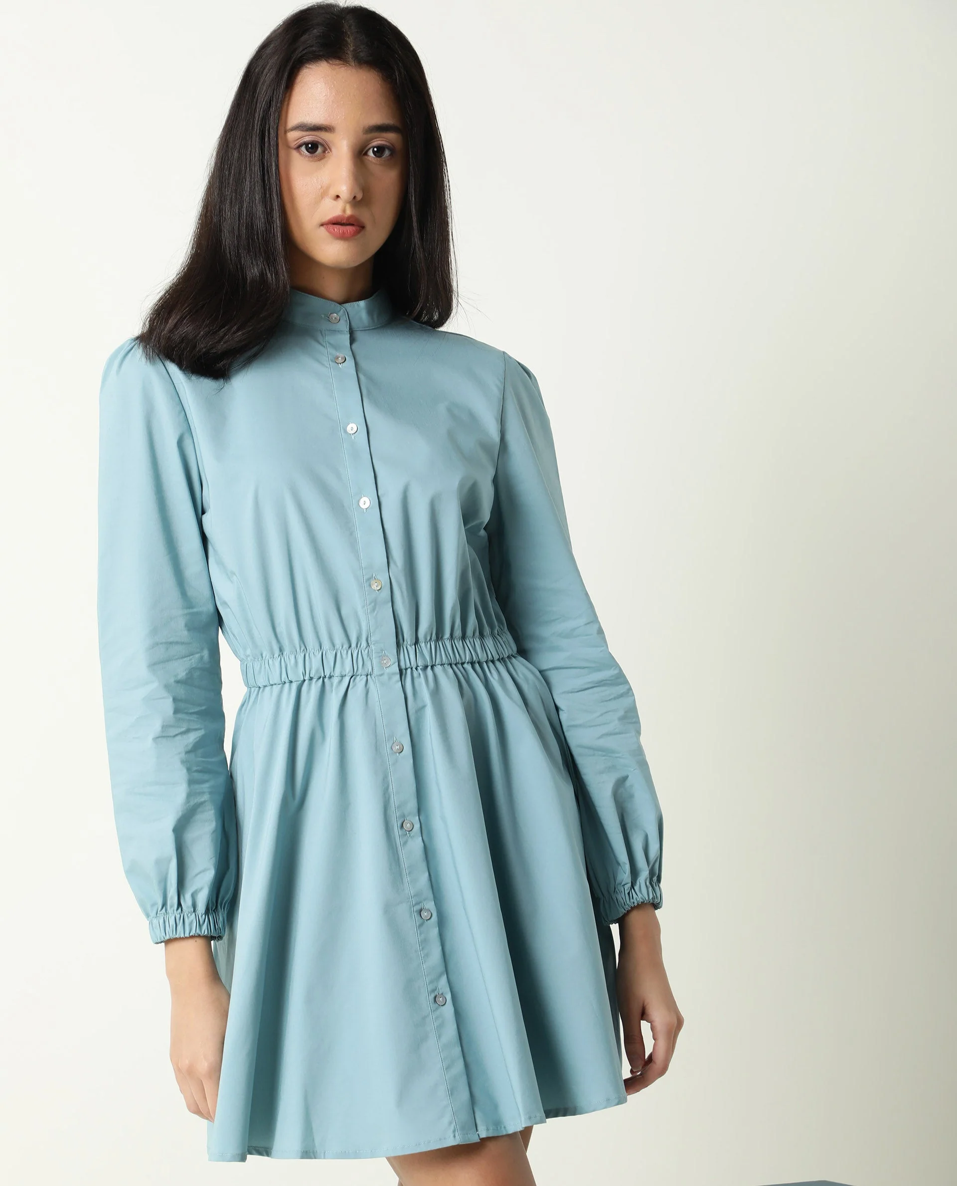 Rareism Women's Darla Blue Mandarin Collar Plain Knee Length Regular Fit Dress - Image 4