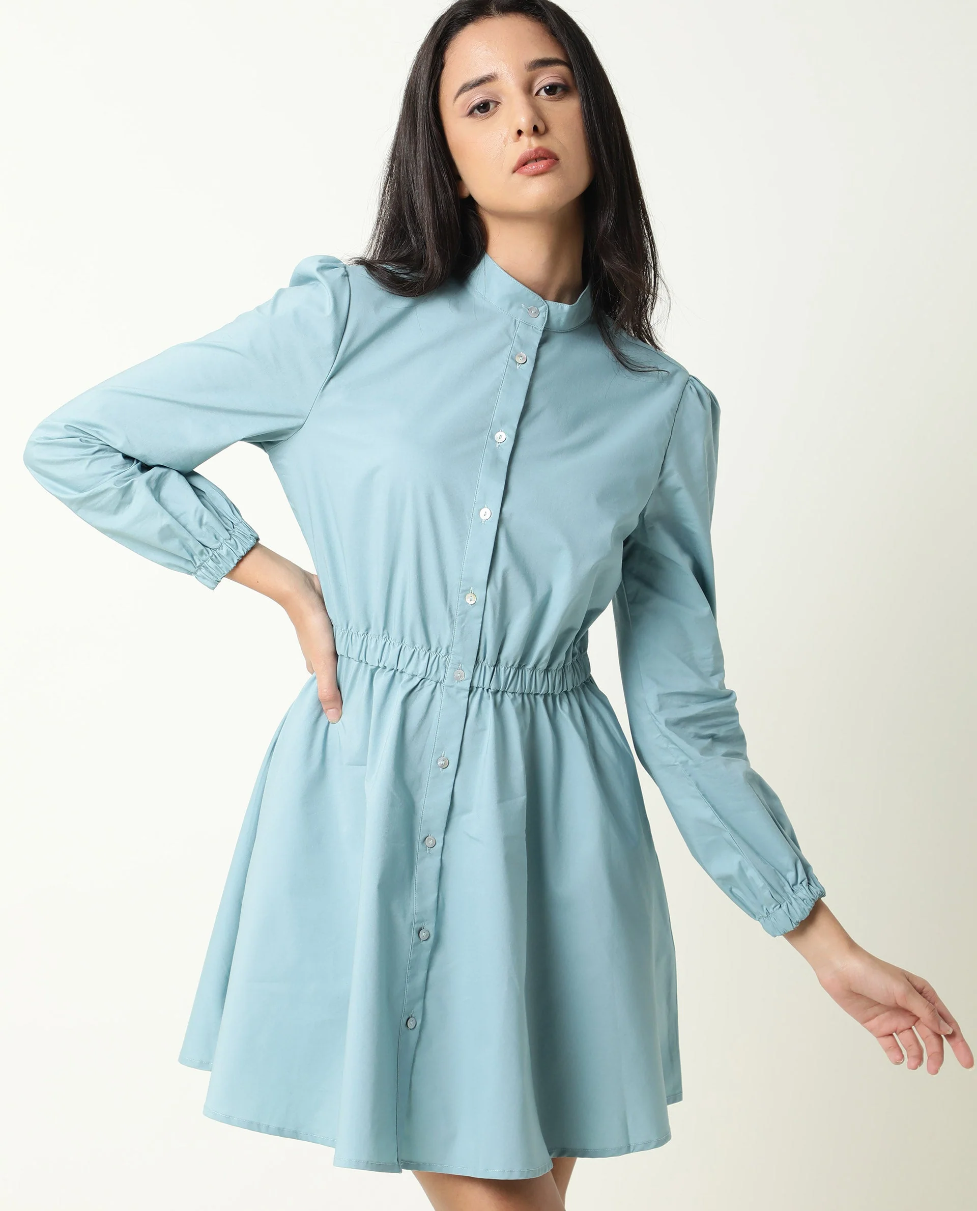 Rareism Women's Darla Blue Mandarin Collar Plain Knee Length Regular Fit Dress - Image 6