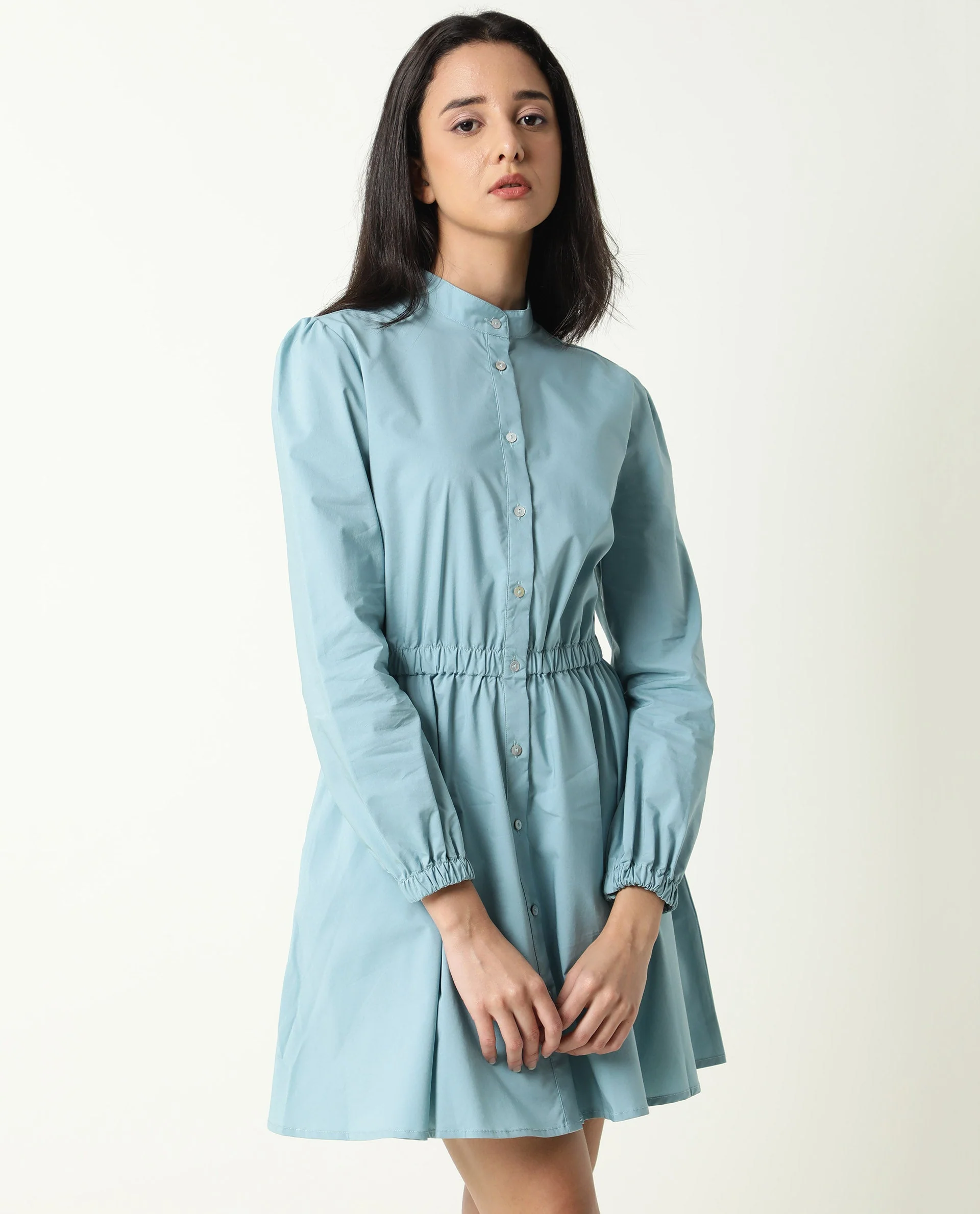 Rareism Women's Darla Blue Mandarin Collar Plain Knee Length Regular Fit Dress - Image 7