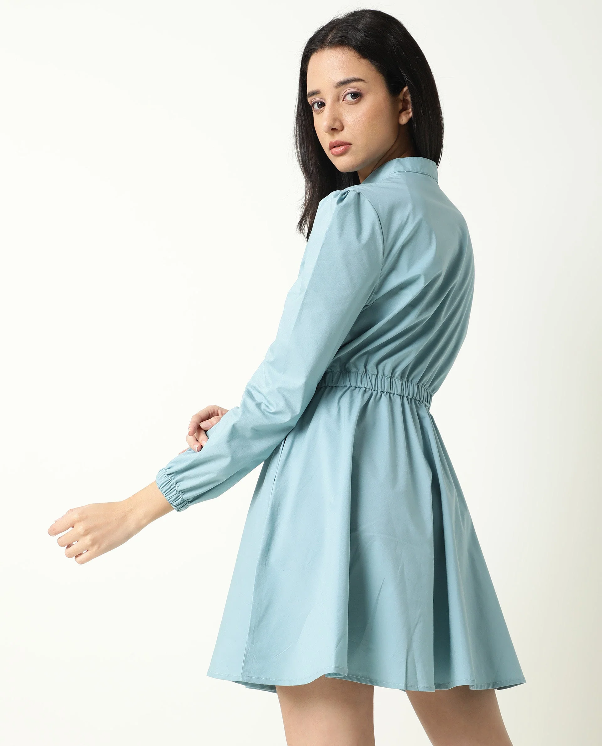 Rareism Women's Darla Blue Mandarin Collar Plain Knee Length Regular Fit Dress - Image 8