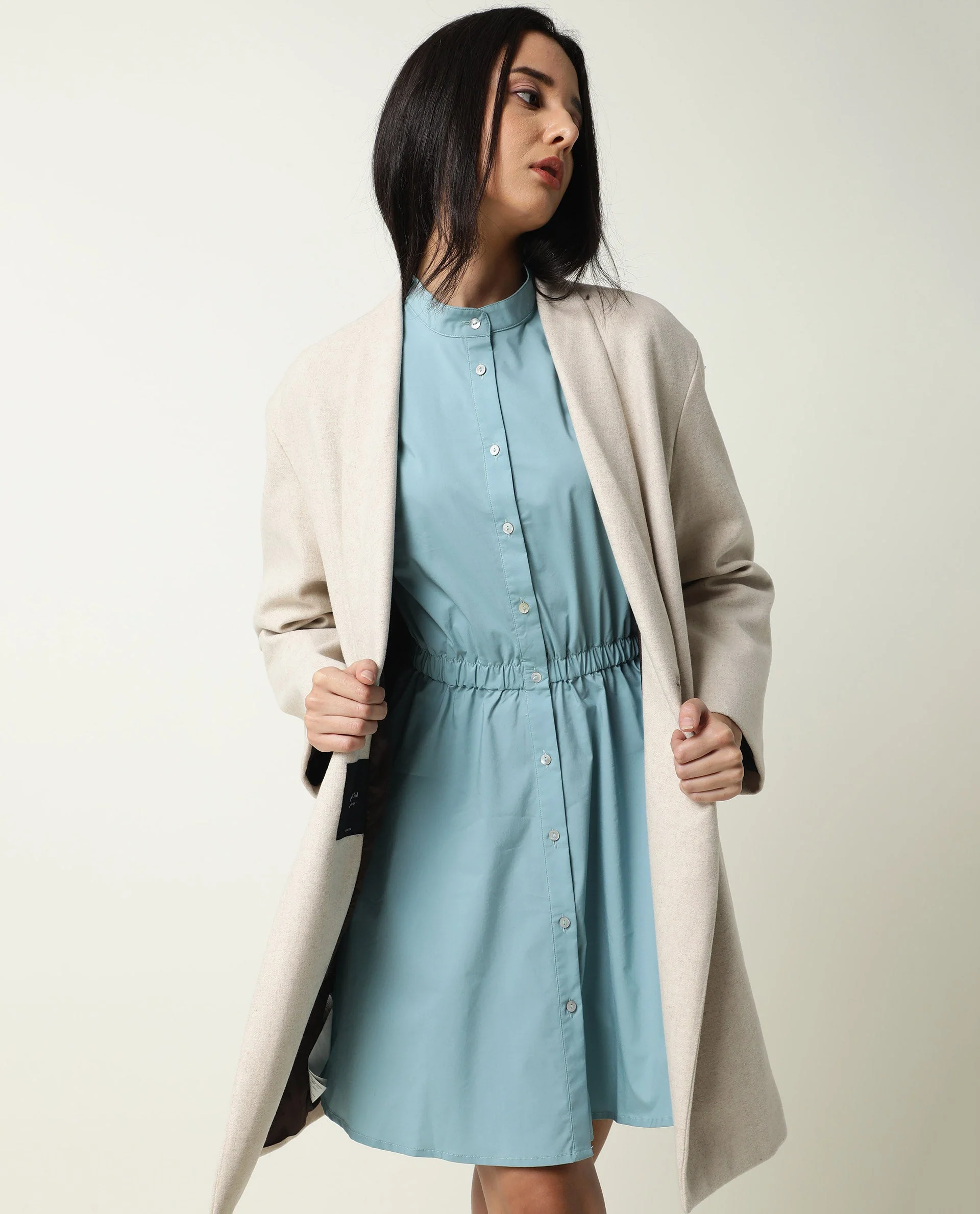 Rareism Women's Darla Blue Mandarin Collar Plain Knee Length Regular Fit Dress - Image 9