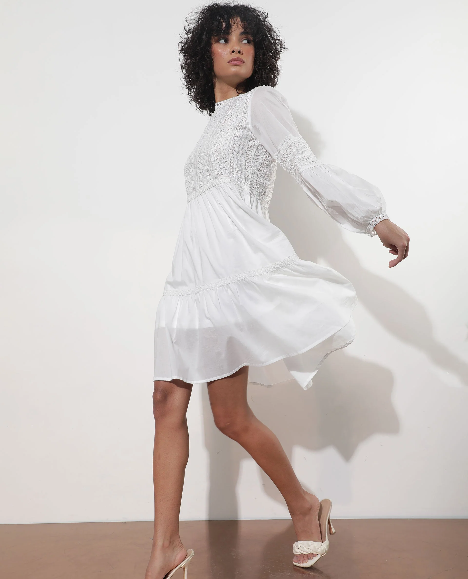Rareism Women's Darmini White Cotton Crew Neck Plain Puff Sleeves Knee Length Relaxed Fit Dress - Image 11
