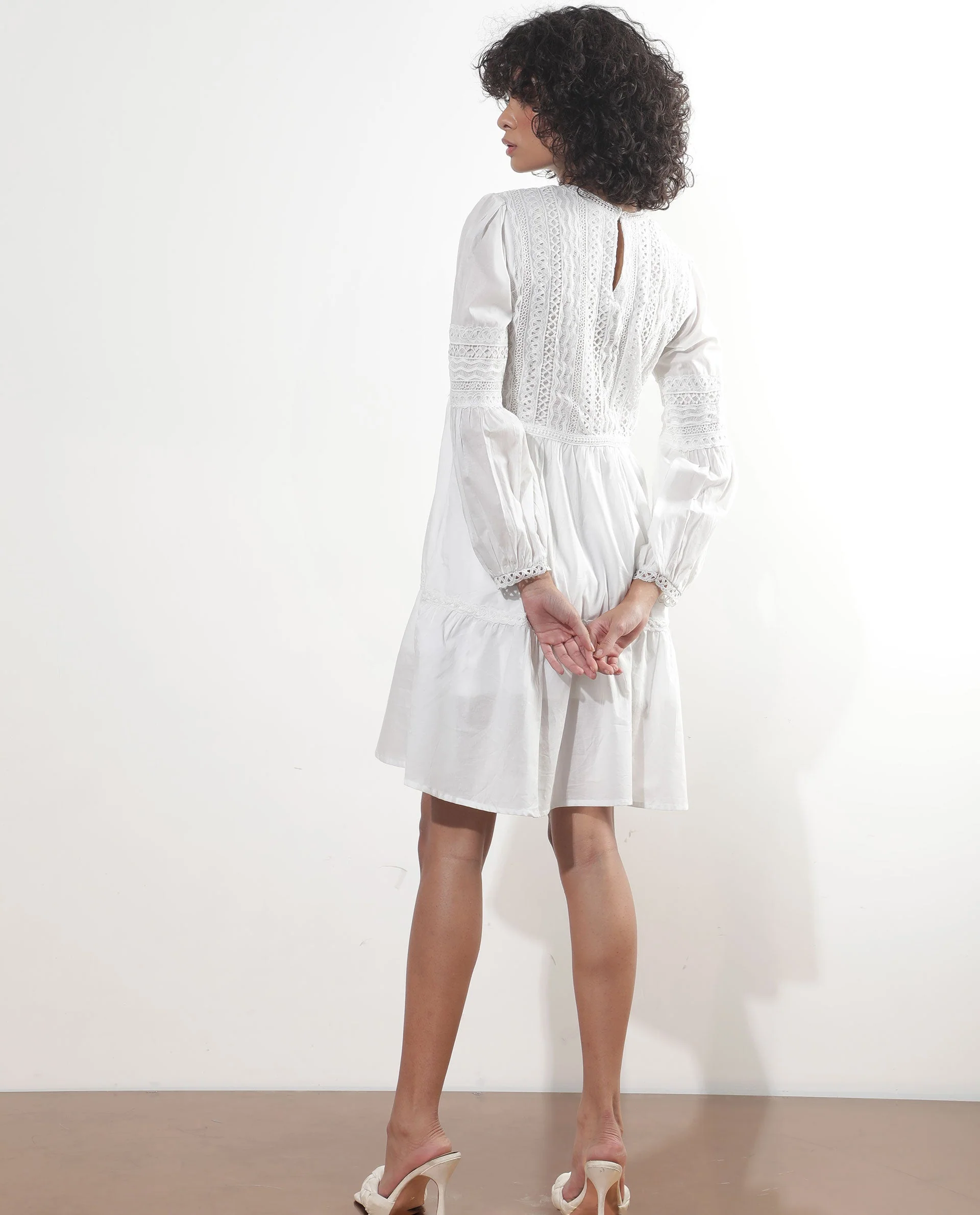 Rareism Women's Darmini White Cotton Crew Neck Plain Puff Sleeves Knee Length Relaxed Fit Dress - Image 12
