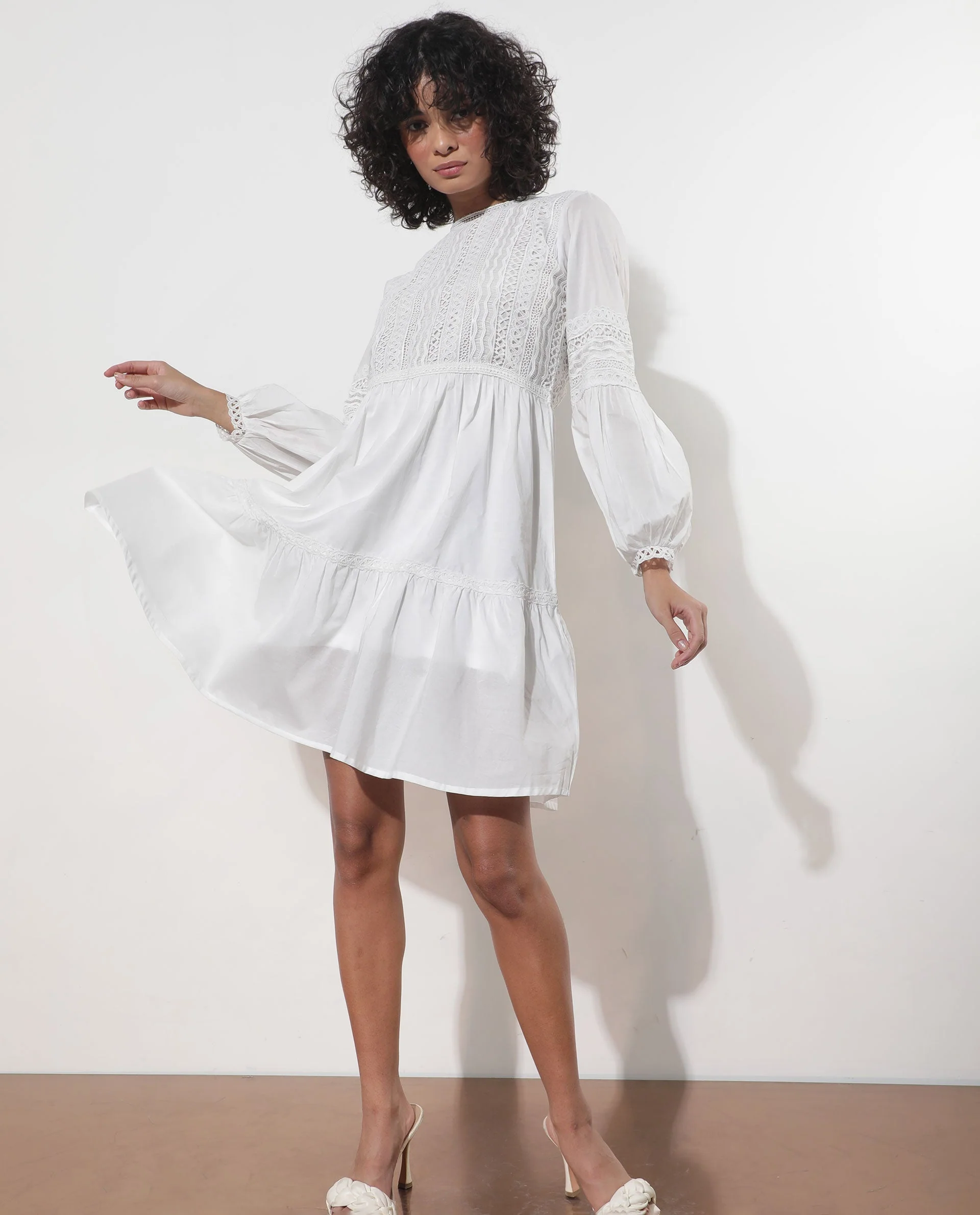 Rareism Women's Darmini White Cotton Crew Neck Plain Puff Sleeves Knee Length Relaxed Fit Dress - Image 2