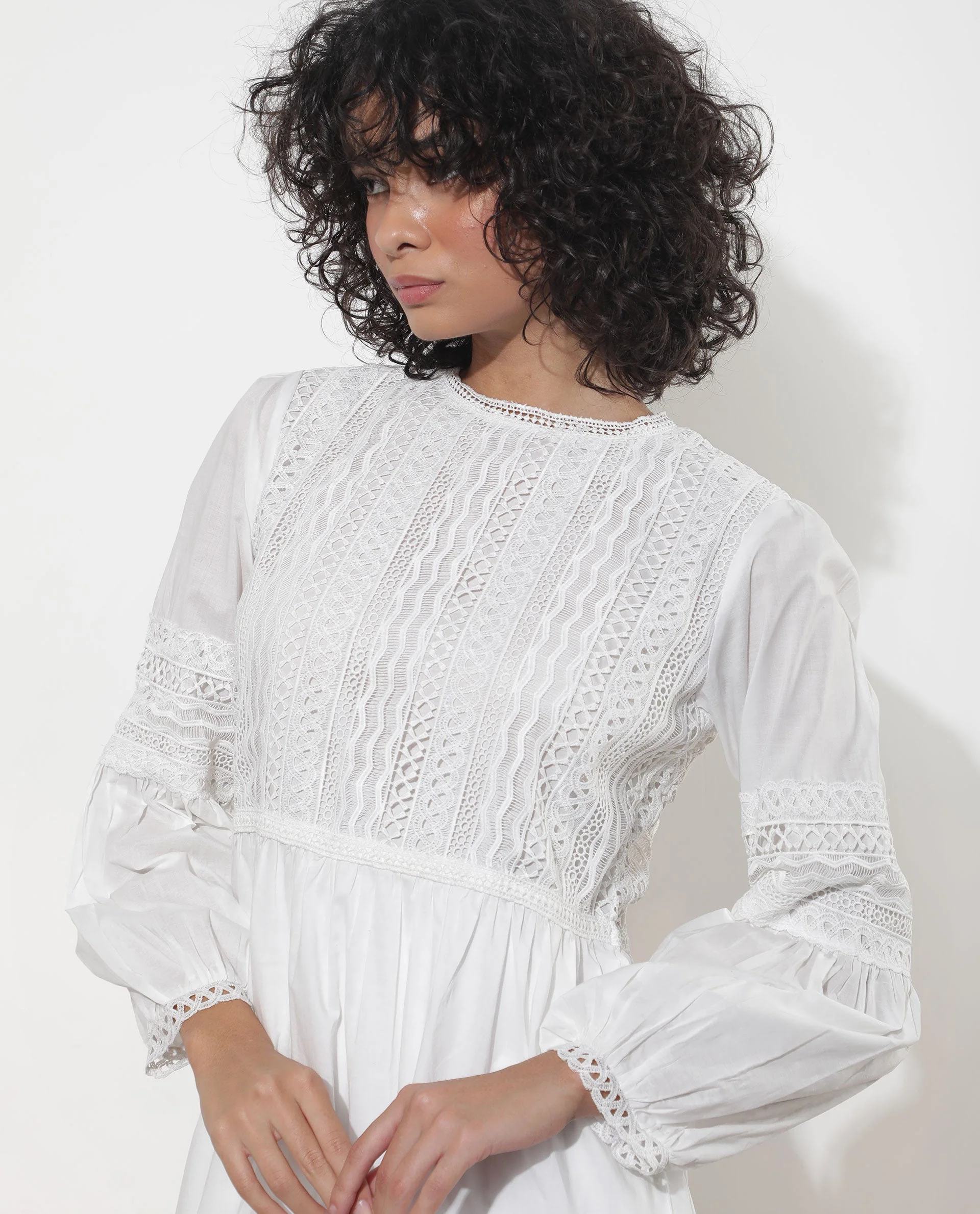 Rareism Women's Darmini White Cotton Crew Neck Plain Puff Sleeves Knee Length Relaxed Fit Dress - Image 3