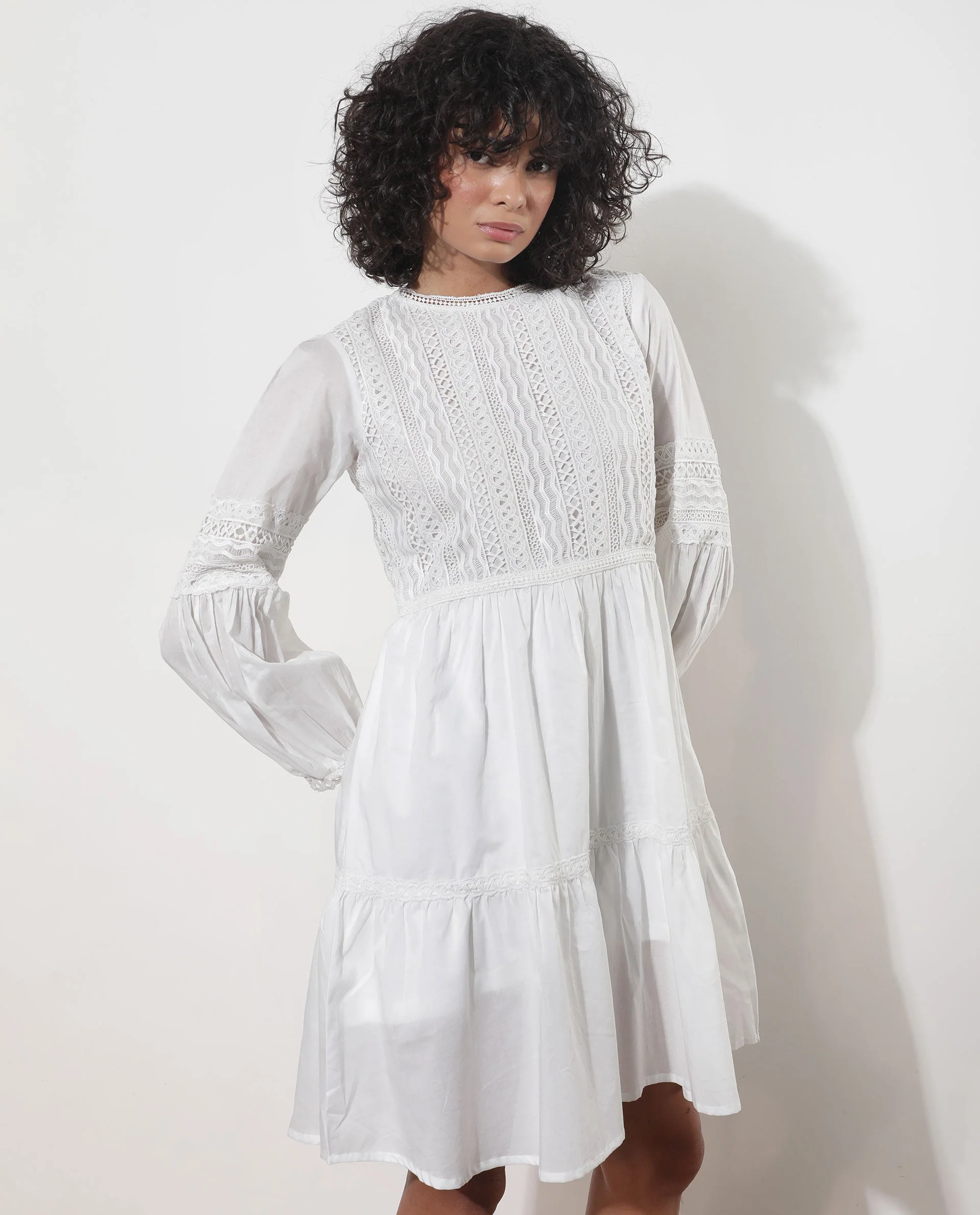 Rareism Women's Darmini White Cotton Crew Neck Plain Puff Sleeves Knee Length Relaxed Fit Dress - Image 4