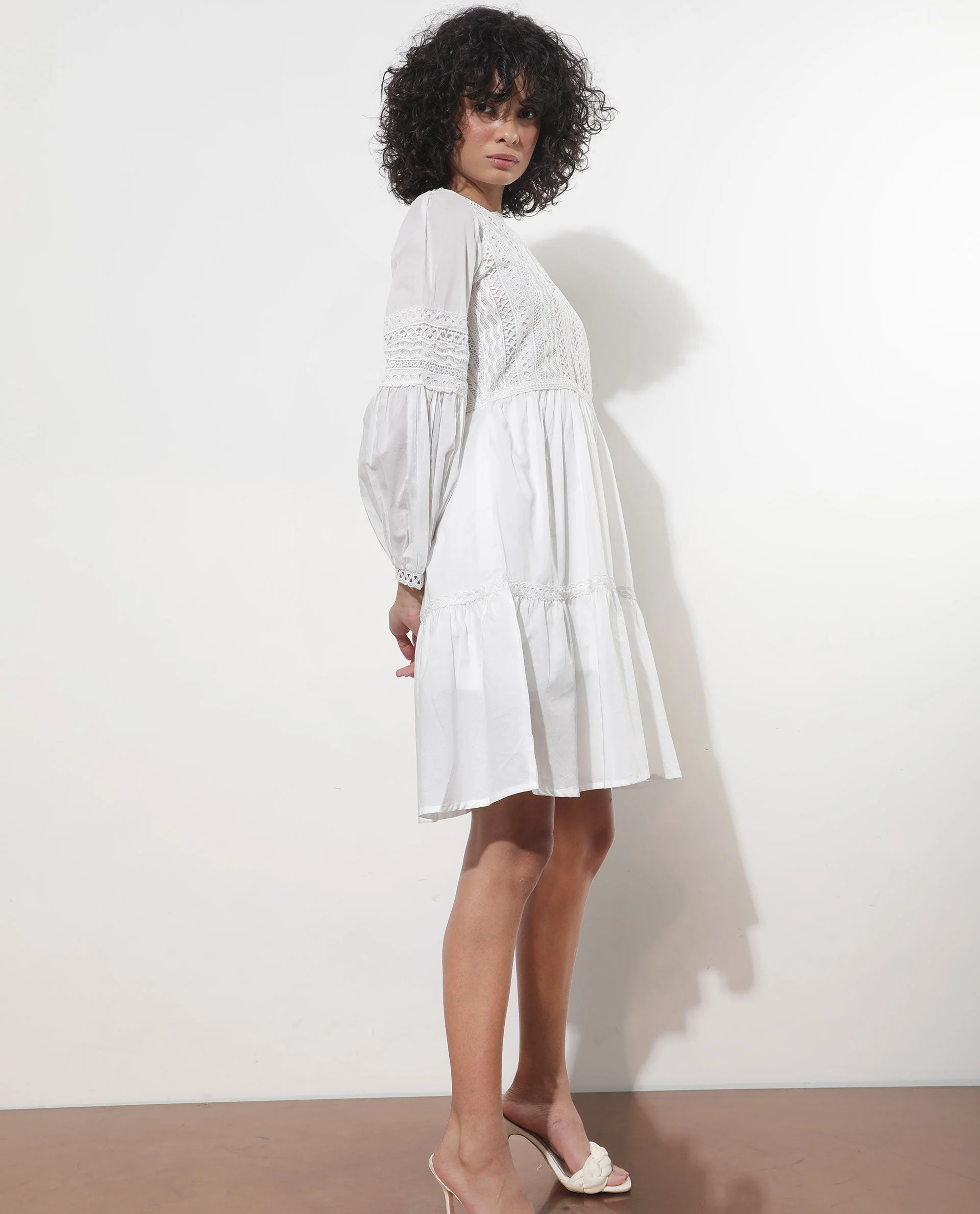 Rareism Women's Darmini White Cotton Crew Neck Plain Puff Sleeves Knee Length Relaxed Fit Dress - Image 6