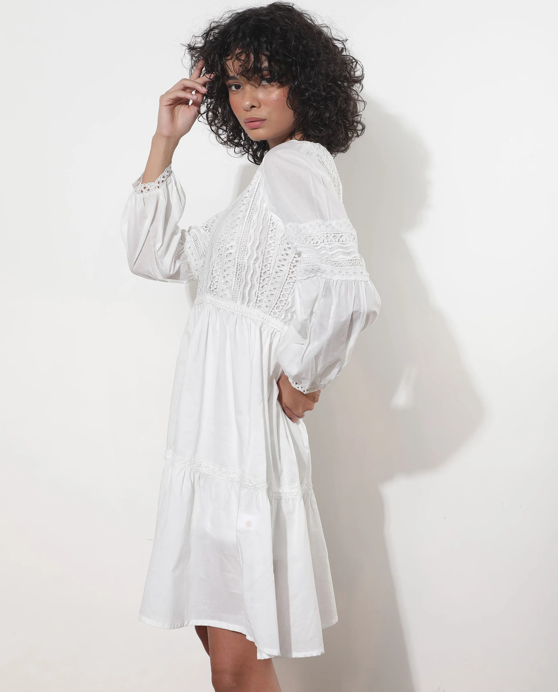 Rareism Women's Darmini White Cotton Crew Neck Plain Puff Sleeves Knee Length Relaxed Fit Dress - Image 7