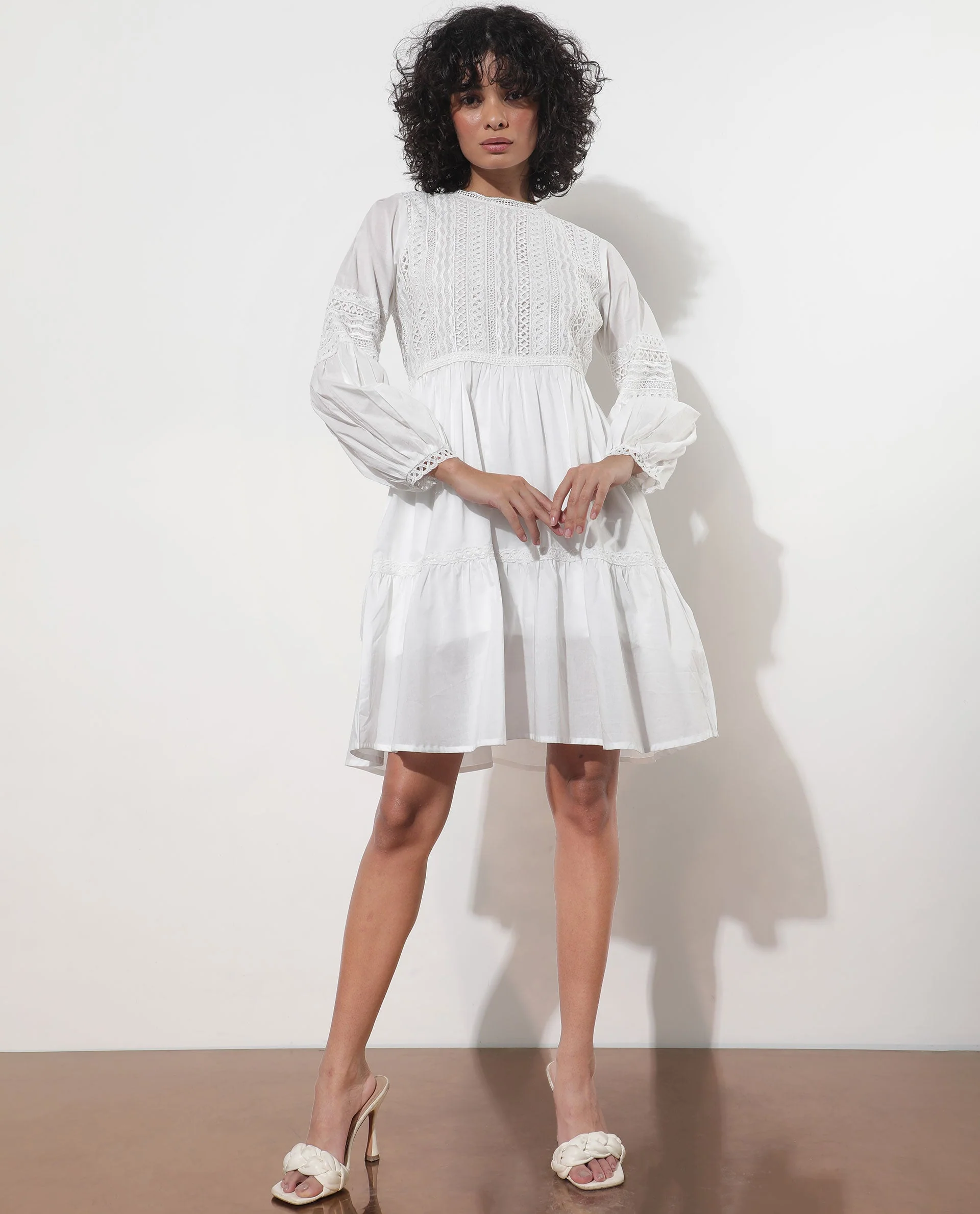 Rareism Women's Darmini White Cotton Crew Neck Plain Puff Sleeves Knee Length Relaxed Fit Dress - Image 9