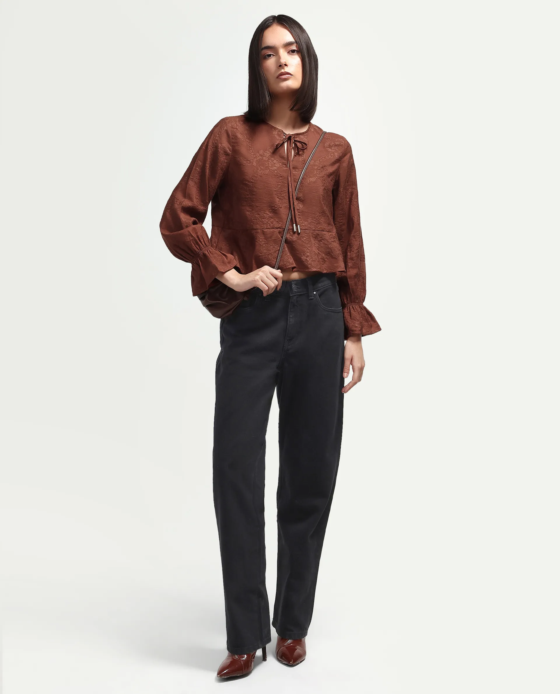 Rareism Women's Daro Rust Viscose Blend Tie-Up Regular Plain Top - Image 2