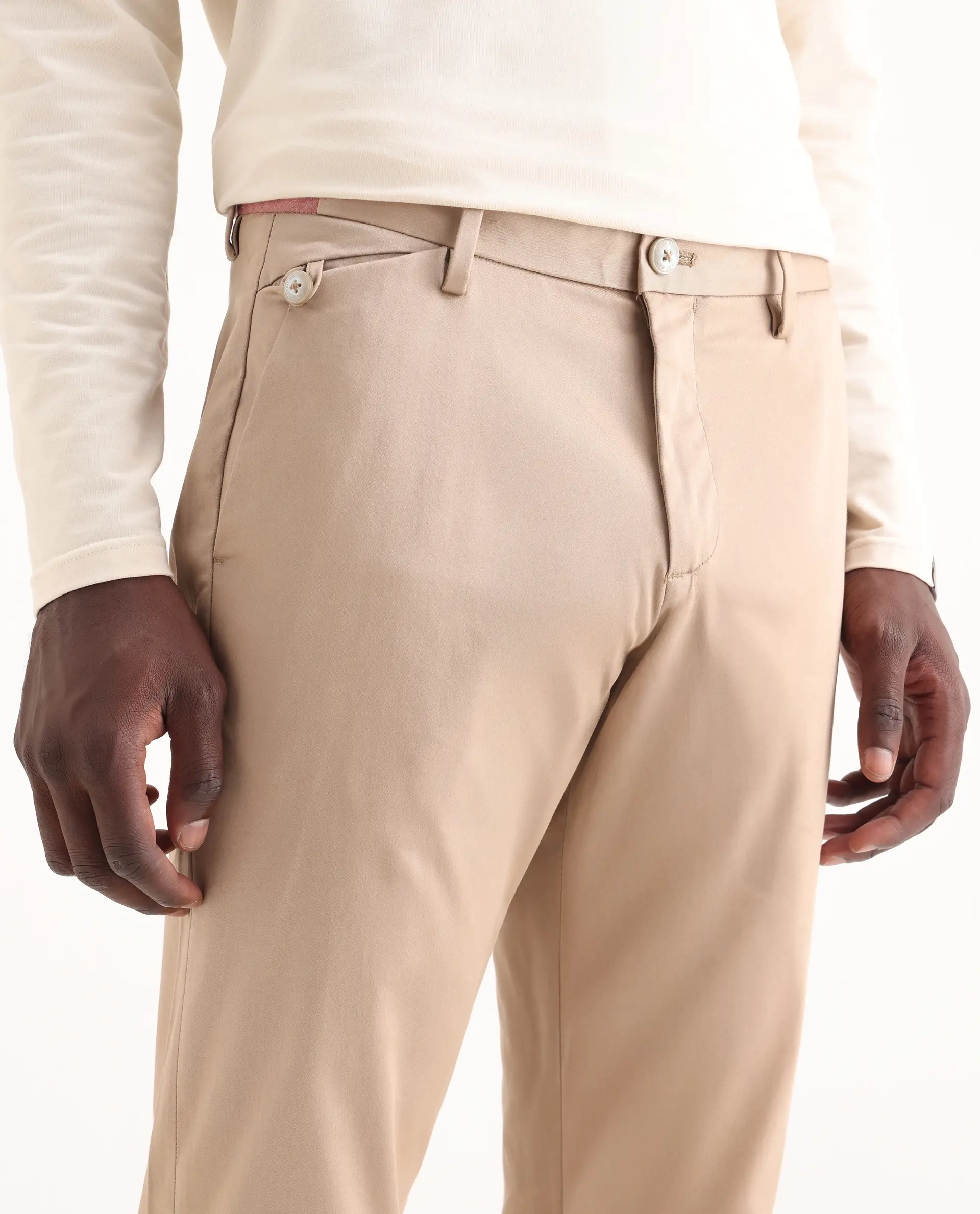 Rare Rabbit Men's Daron Beige Cotton Plain Regular Fit Trouser - Image 3