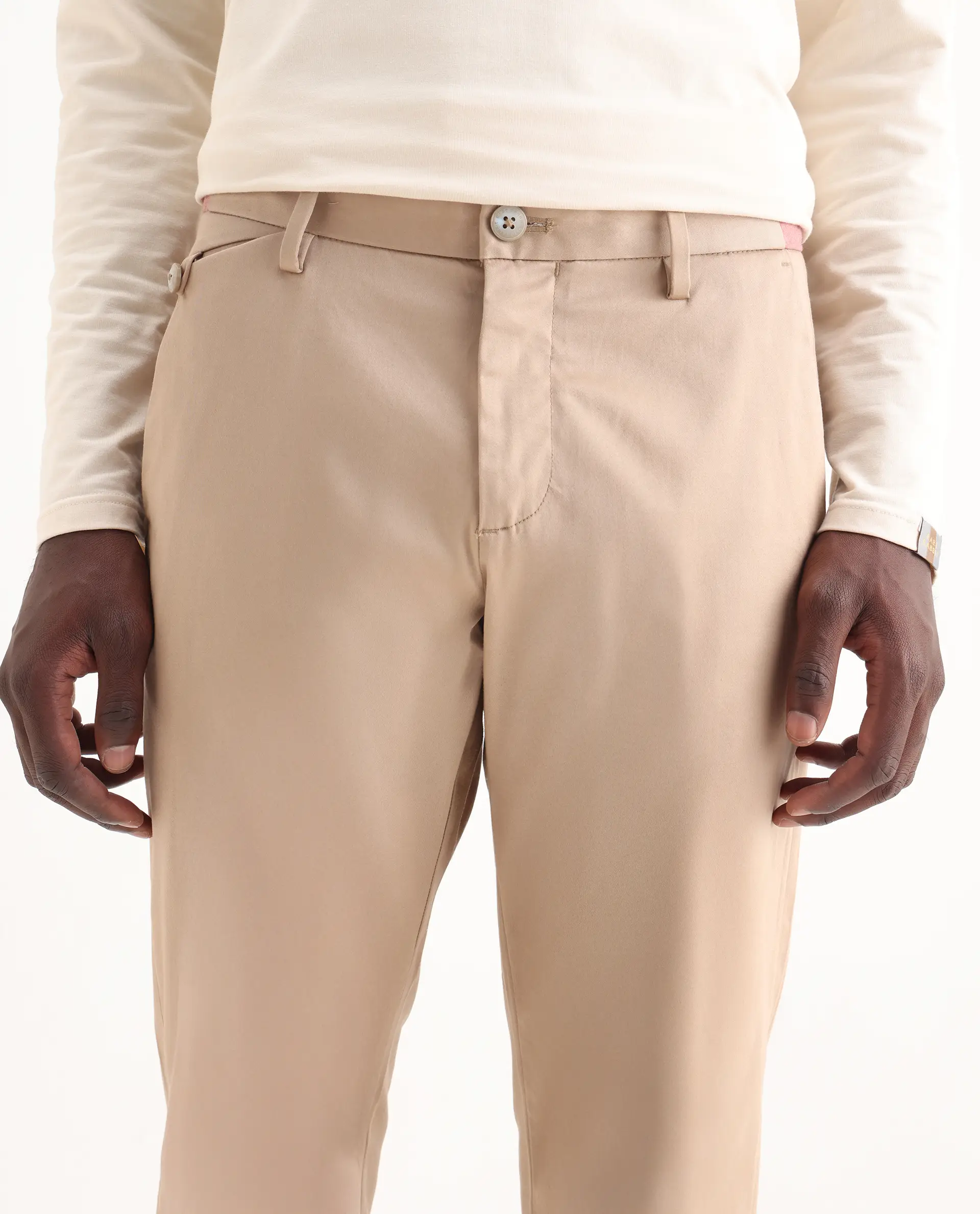 Rare Rabbit Men's Daron Beige Cotton Plain Regular Fit Trouser - Image 8