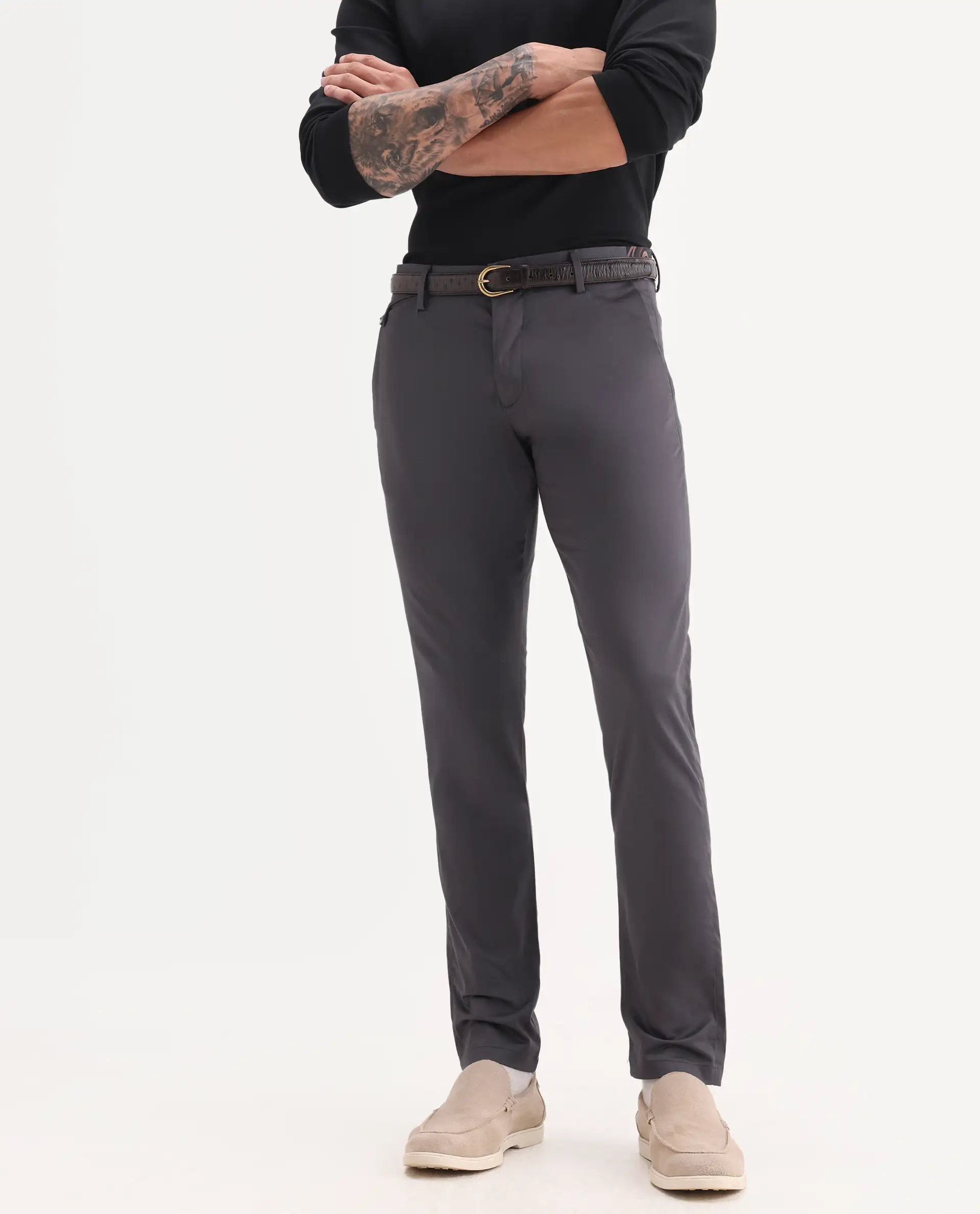 Rare Rabbit Men's Daron Grey Cotton Plain Regular Fit Trouser - Image 2
