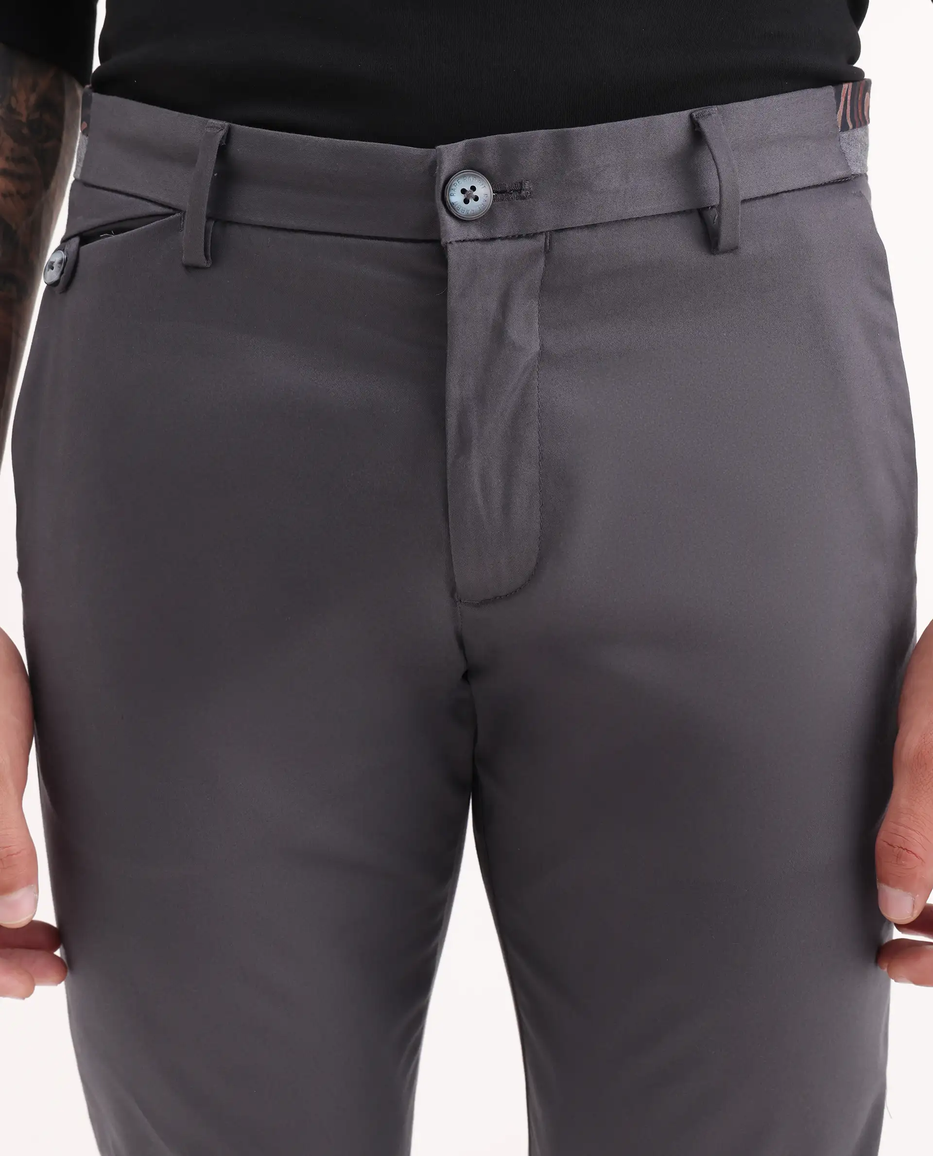 Rare Rabbit Men's Daron Grey Cotton Plain Regular Fit Trouser - Image 3