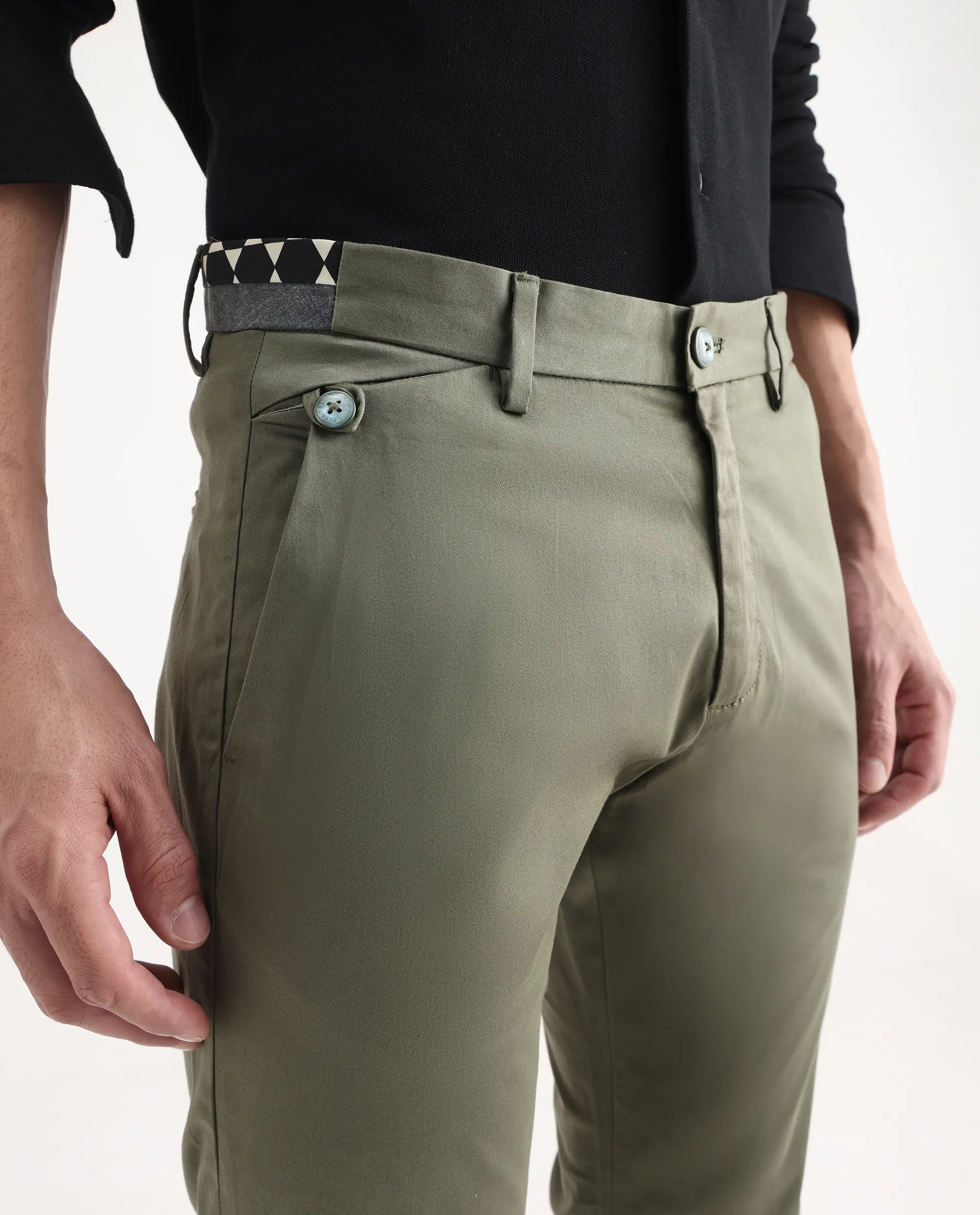 Rare Rabbit Men's Daron Olive Cotton Plain Regular Fit Trouser - Image 3