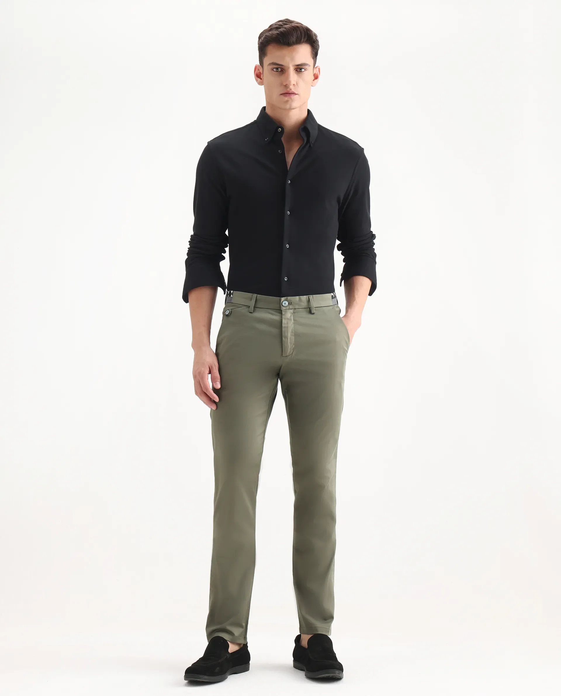 Rare Rabbit Men's Daron Olive Cotton Plain Regular Fit Trouser - Image 4