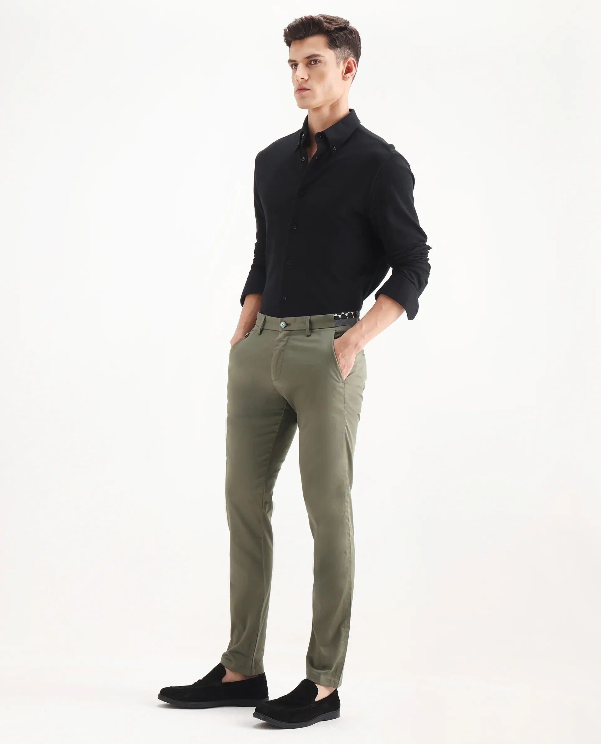 Rare Rabbit Men's Daron Olive Cotton Plain Regular Fit Trouser - Image 5