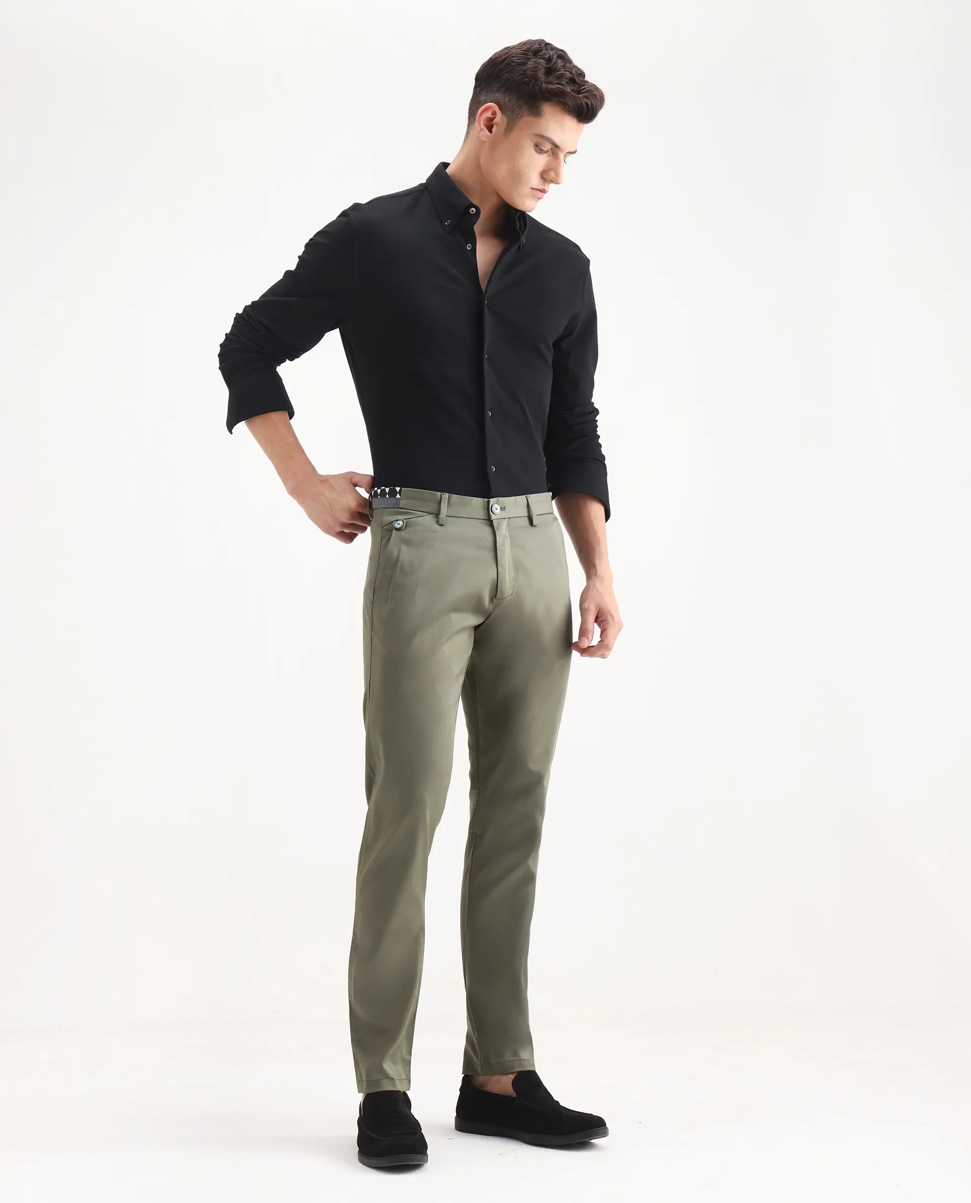 Rare Rabbit Men's Daron Olive Cotton Plain Regular Fit Trouser - Image 6