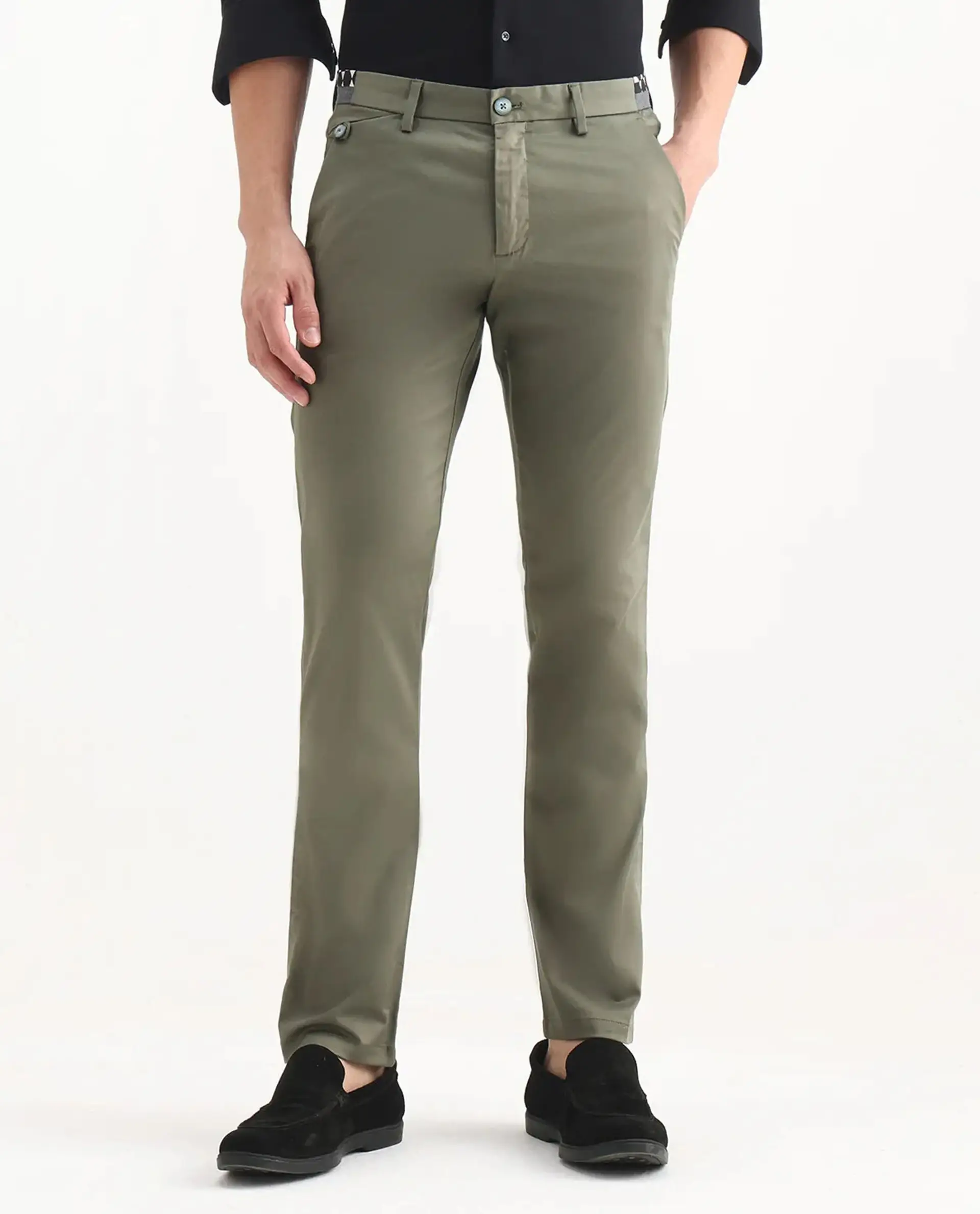 Rare Rabbit Men's Daron Olive Cotton Plain Regular Fit Trouser - Image 9