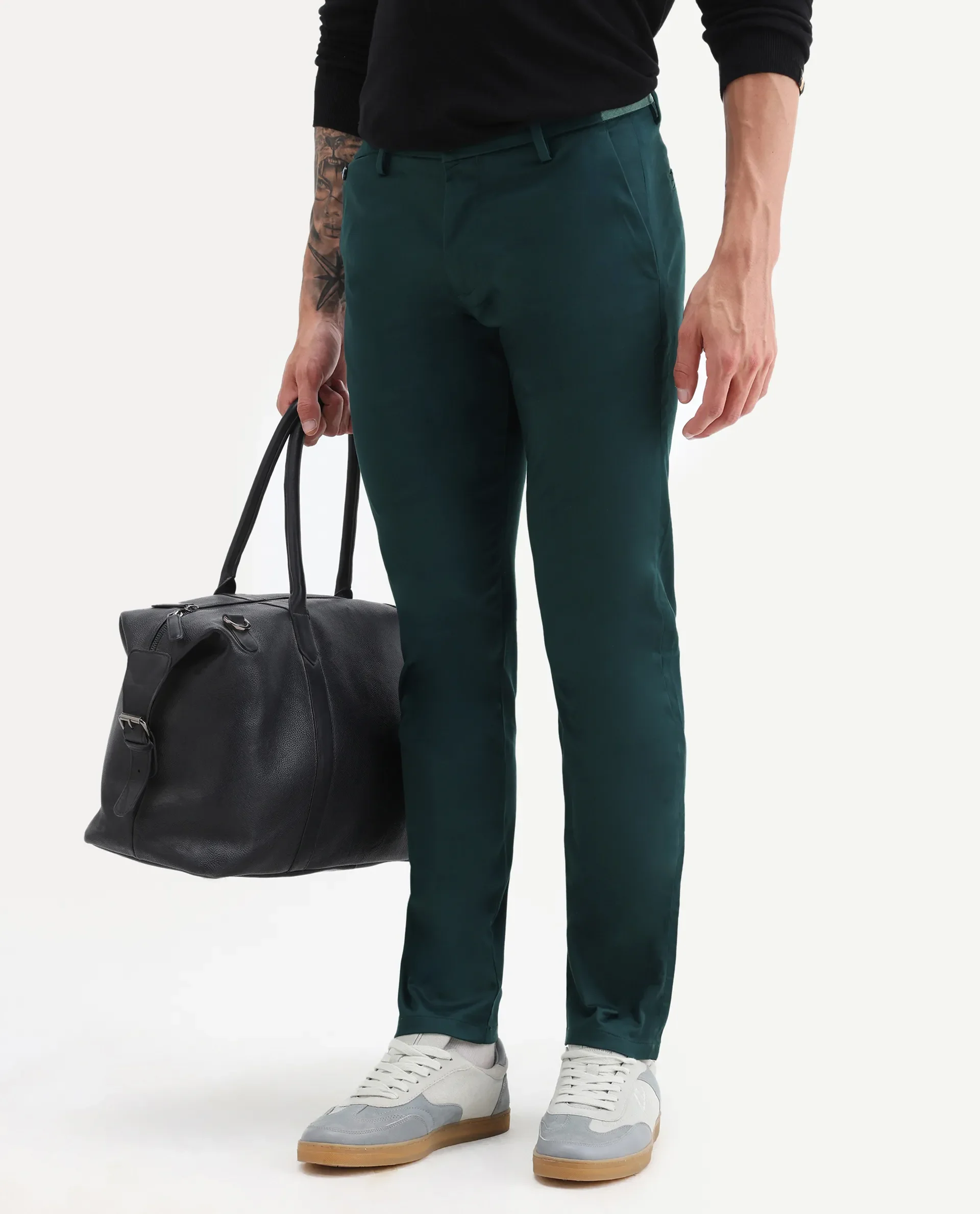 Rare Rabbit Men's Daron Petrol Cotton Plain Regular Fit Trouser - Image 2