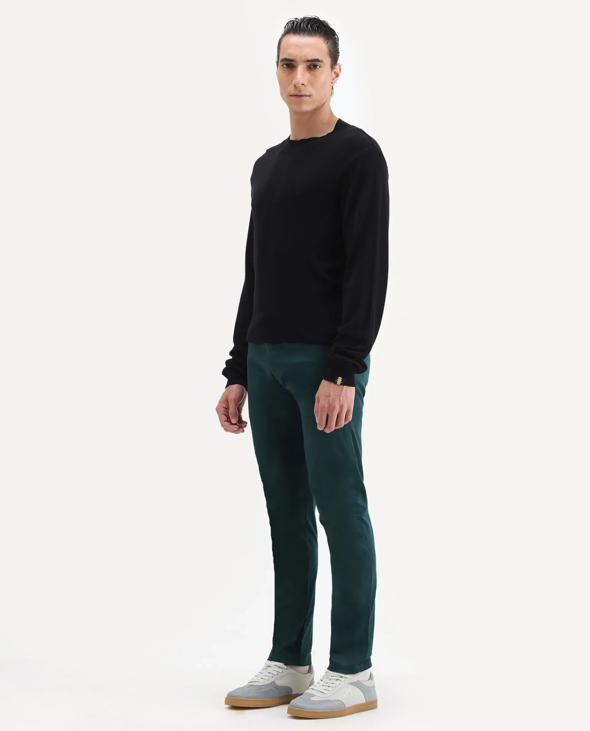 Rare Rabbit Men's Daron Petrol Cotton Plain Regular Fit Trouser - Image 4