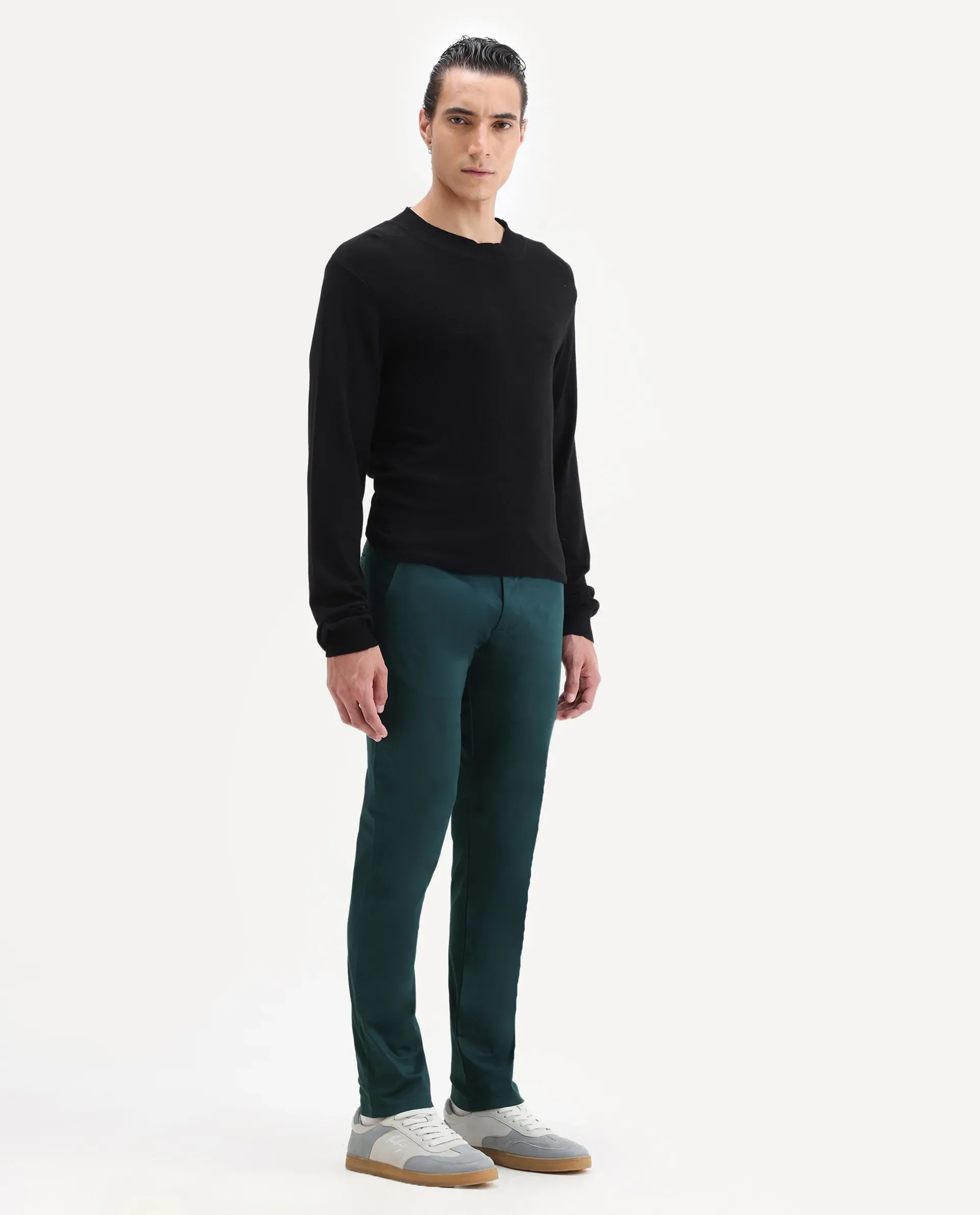 Rare Rabbit Men's Daron Petrol Cotton Plain Regular Fit Trouser - Image 5