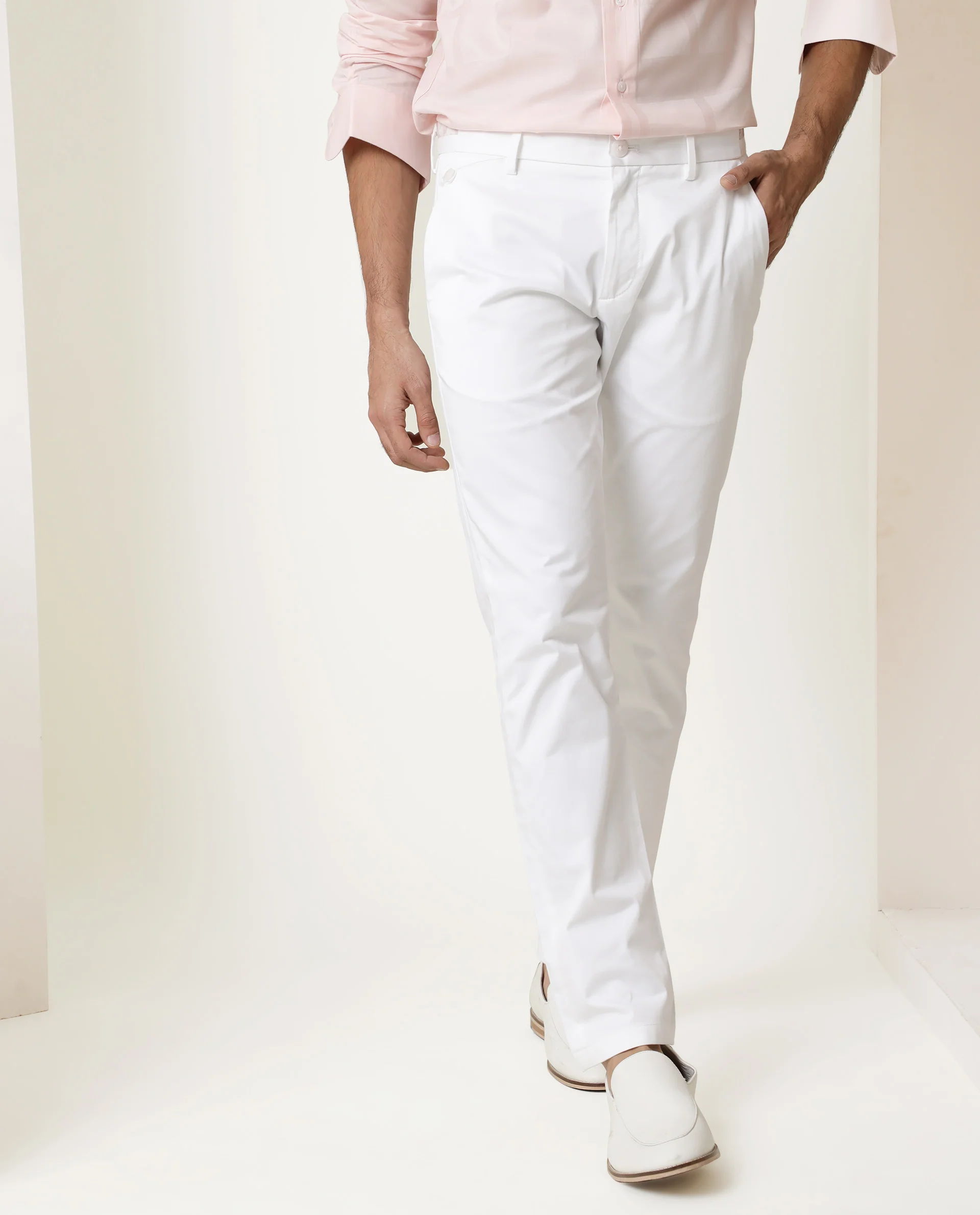 Rare Rabbit Men's Daron White Cotton Plain Regular Fit Trouser - Image 3
