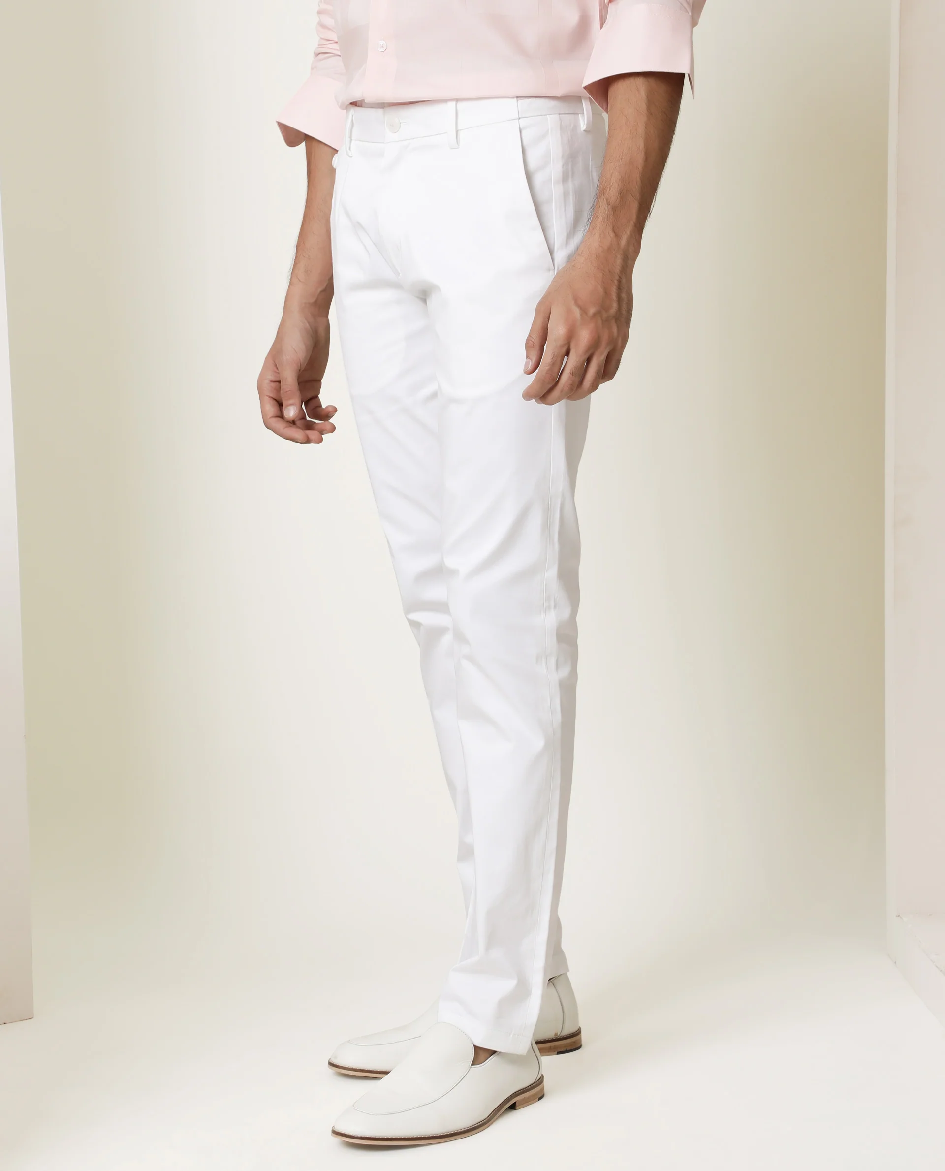Rare Rabbit Men's Daron White Cotton Plain Regular Fit Trouser - Image 4