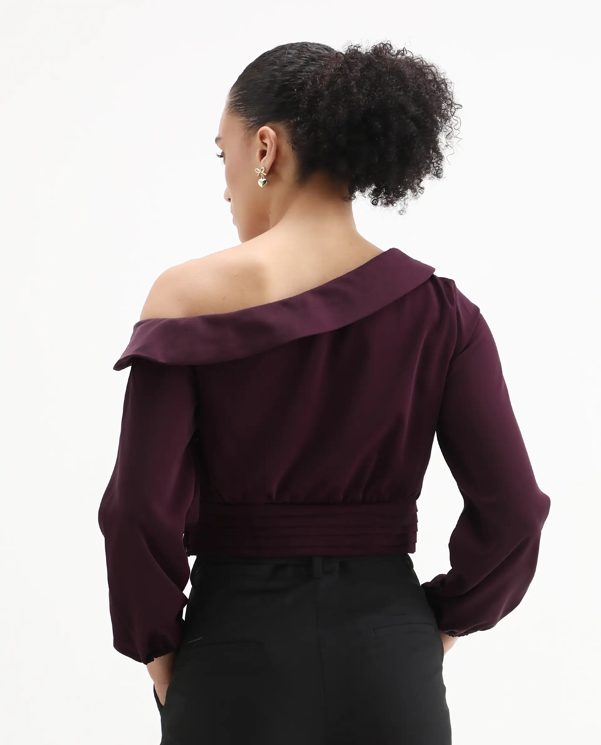 Rareism Women's Darople Red Satin One Shoulder Plain Bishop Sleeve Crop Regular Fit Top - Image 7
