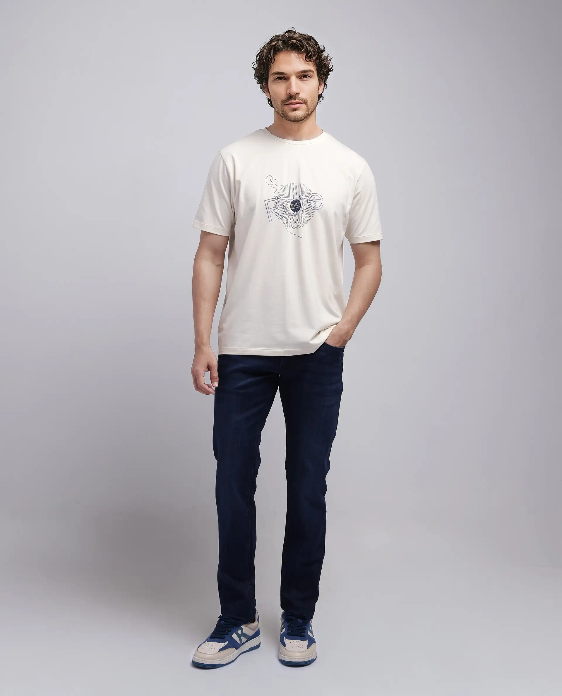 Rare Rabbit Men's Dart Beige Cotton Blend Graphic Print Regular Fit Half Sleeve Crew Neck T-Shirt - Image 2