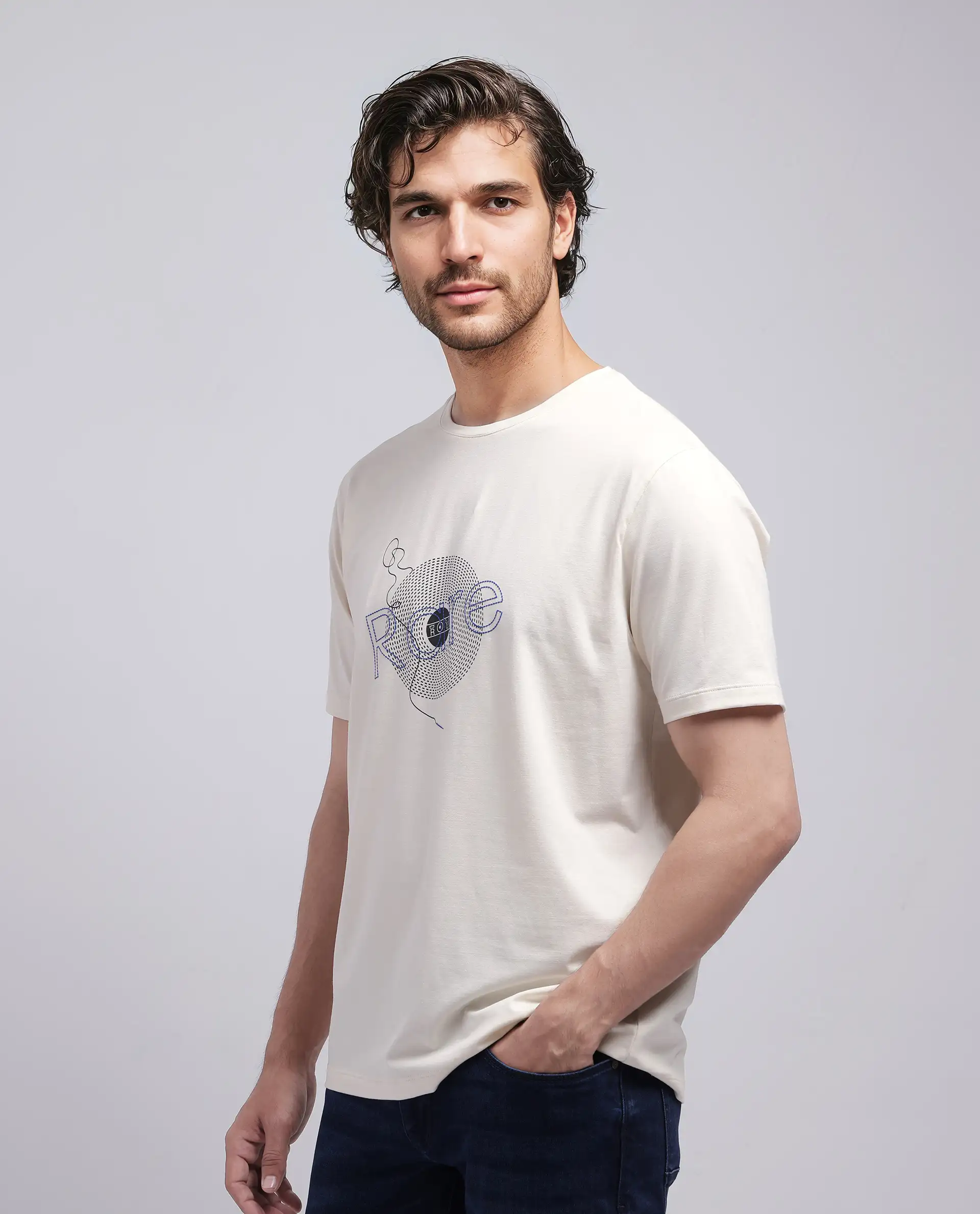 Rare Rabbit Men's Dart Beige Cotton Blend Graphic Print Regular Fit Half Sleeve Crew Neck T-Shirt - Image 6