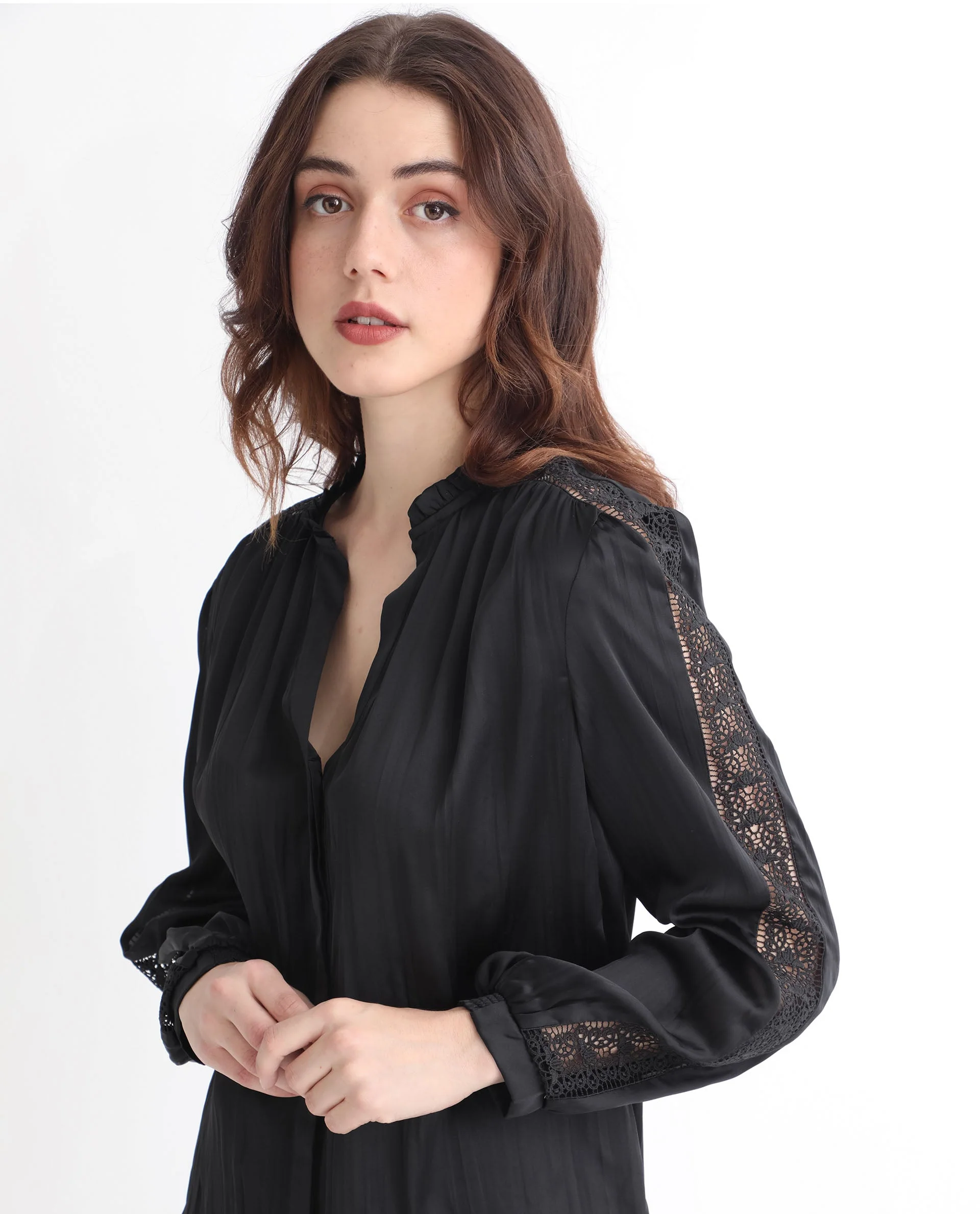 Rareism Women's Darte Black Polyester Sweetheart Neck Plain Cuffed Sleeve Regular Fit Top