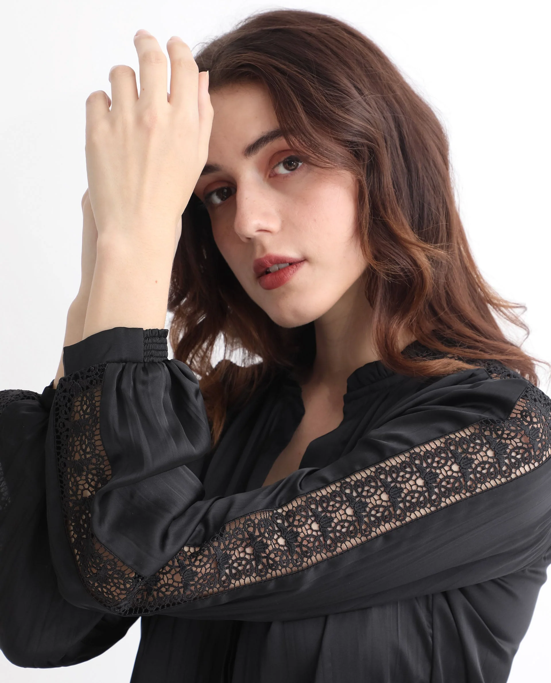 Rareism Women's Darte Black Polyester Sweetheart Neck Plain Cuffed Sleeve Regular Fit Top - Image 2