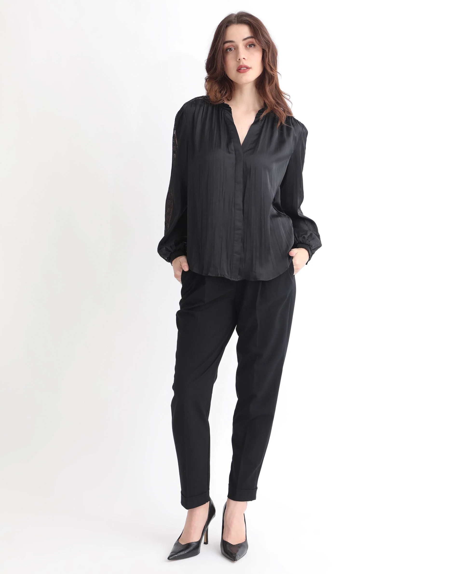 Rareism Women's Darte Black Polyester Sweetheart Neck Plain Cuffed Sleeve Regular Fit Top - Image 4