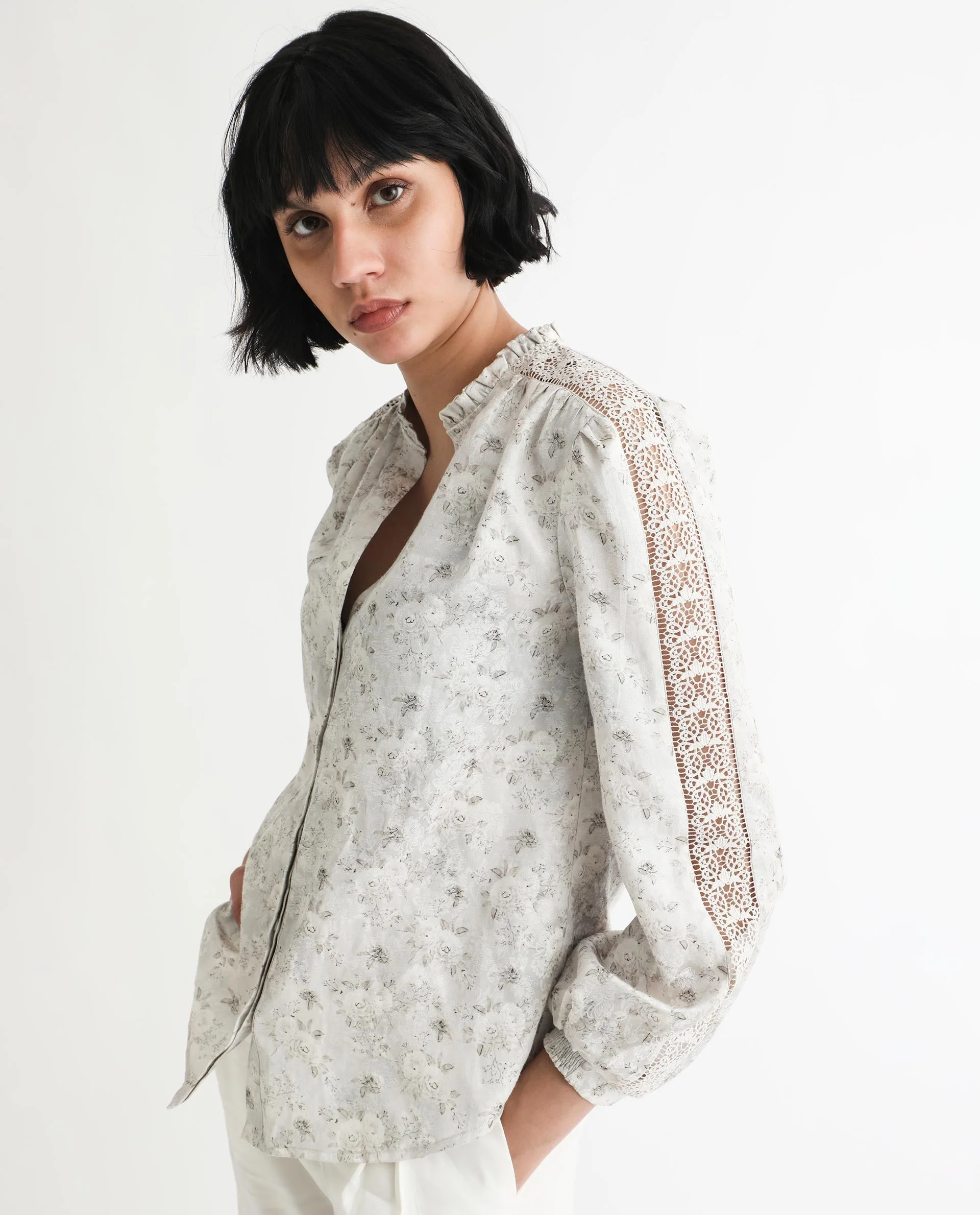 Rareism Women's Darte Dusky Beige Polyester Sweetheart Neck Floral Print Puff Sleeves Regular Fit Top - Image 2