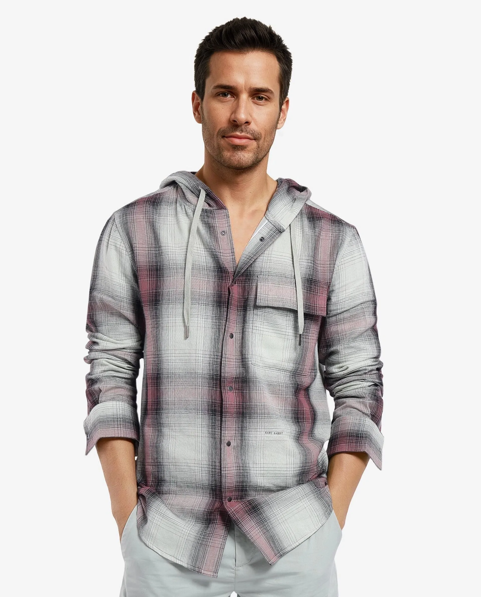 Rare Rabbit Men's Dartmouth Dusky Green Cotton Checked Print Oversized Fit Full Sleeve Hooded Shirt