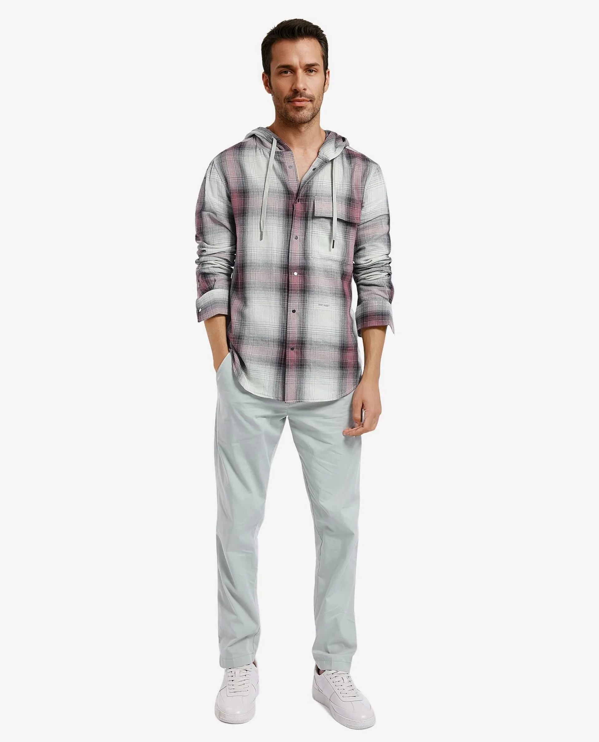 Rare Rabbit Men's Dartmouth Dusky Green Cotton Checked Print Oversized Fit Full Sleeve Hooded Shirt - Image 2