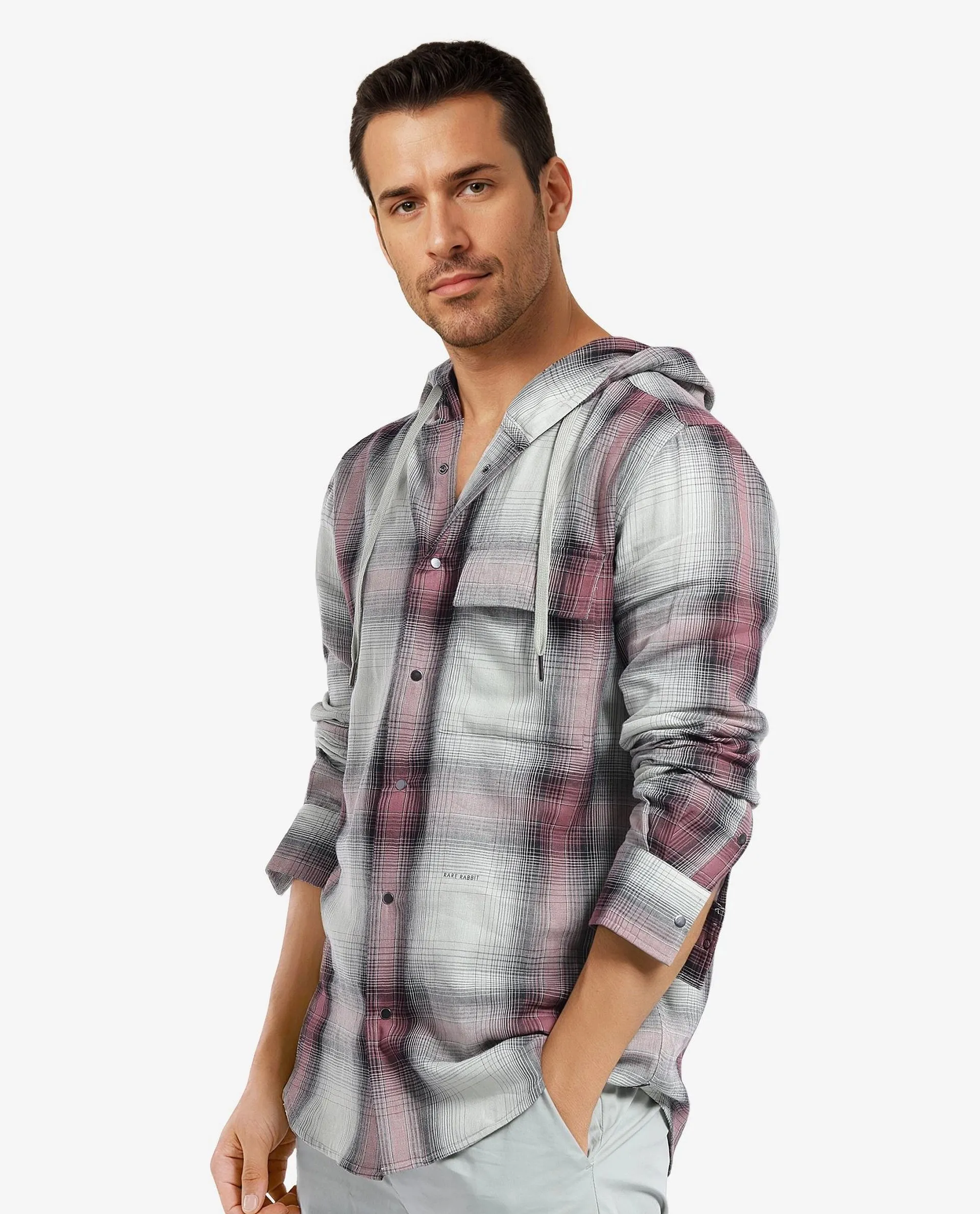 Rare Rabbit Men's Dartmouth Dusky Green Cotton Checked Print Oversized Fit Full Sleeve Hooded Shirt - Image 5