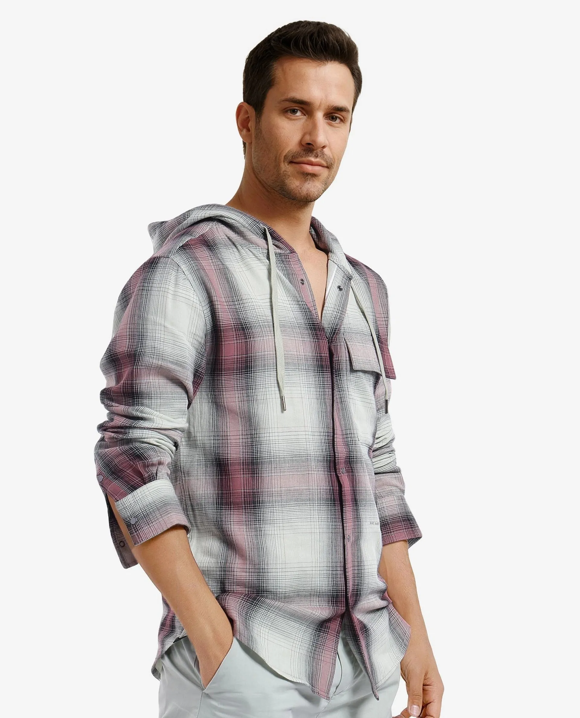 Rare Rabbit Men's Dartmouth Dusky Green Cotton Checked Print Oversized Fit Full Sleeve Hooded Shirt - Image 6