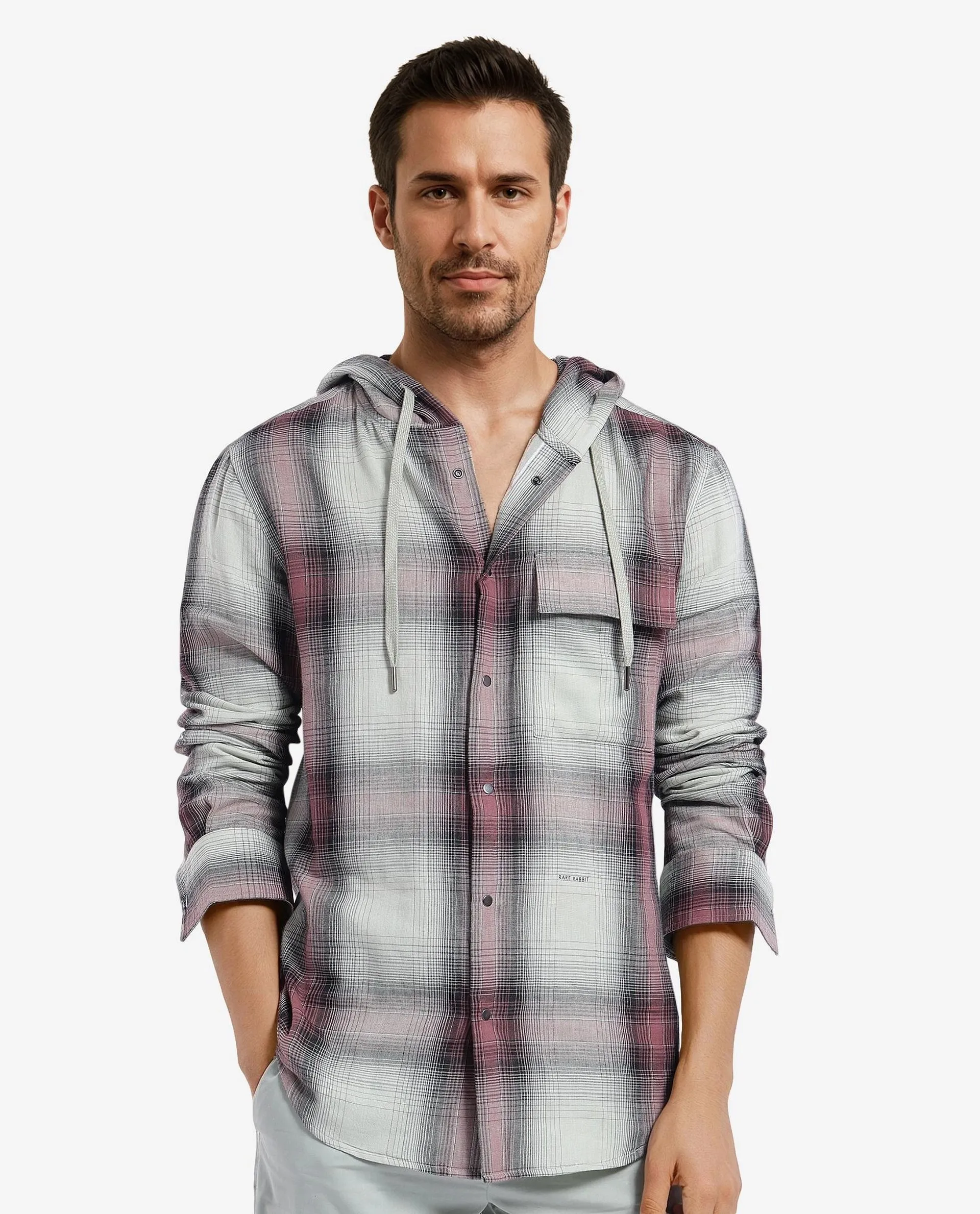 Rare Rabbit Men's Dartmouth Dusky Green Cotton Checked Print Oversized Fit Full Sleeve Hooded Shirt - Image 7