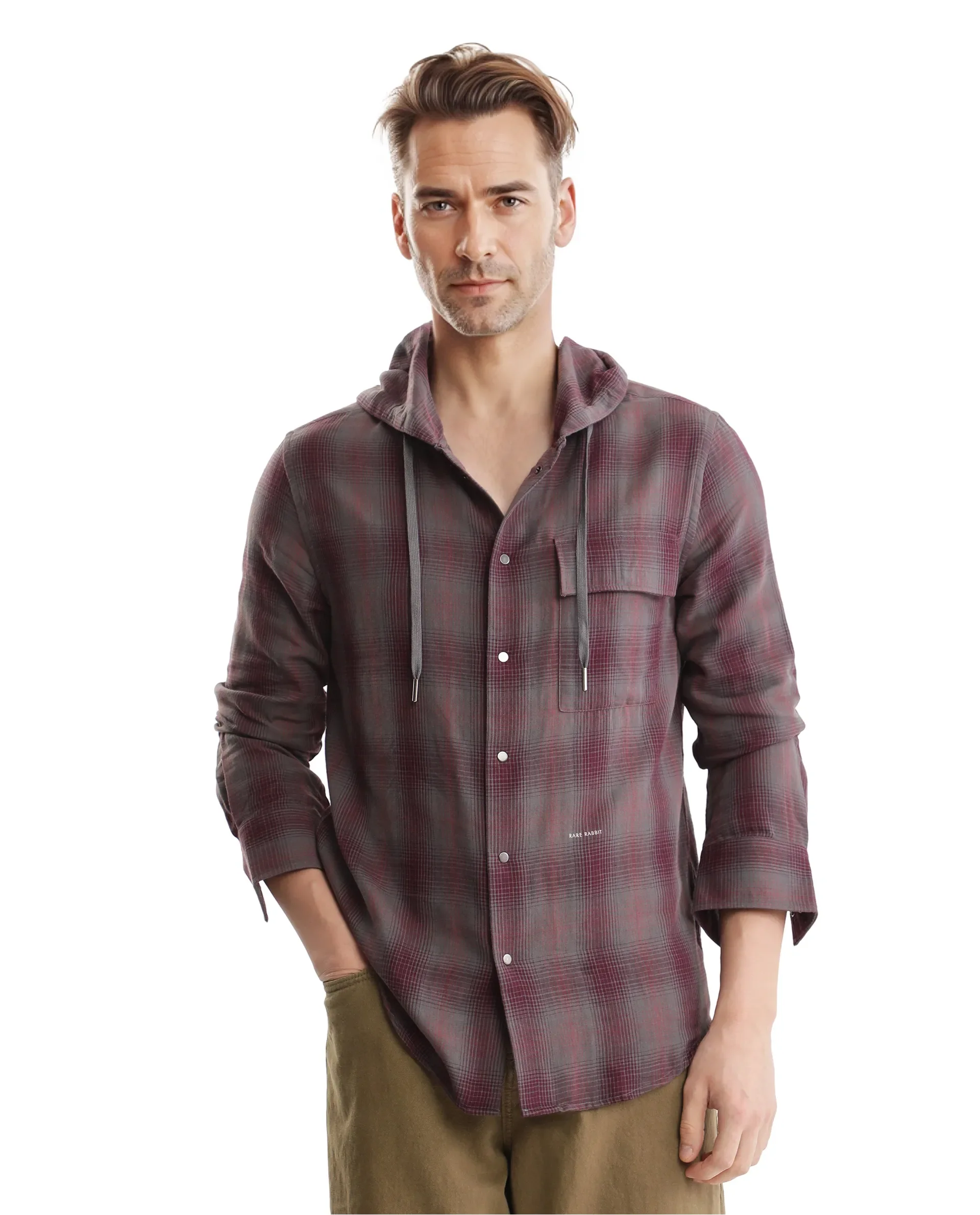 Rare Rabbit Men's Dartmouth Dusky Maroon Cotton Checked Print Oversized Fit Full Sleeve Hooded Shirt - Image 10