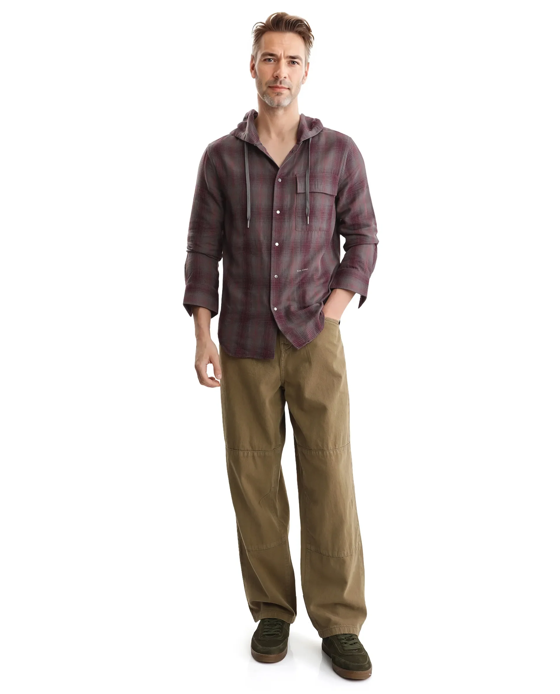 Rare Rabbit Men's Dartmouth Dusky Maroon Cotton Checked Print Oversized Fit Full Sleeve Hooded Shirt - Image 2